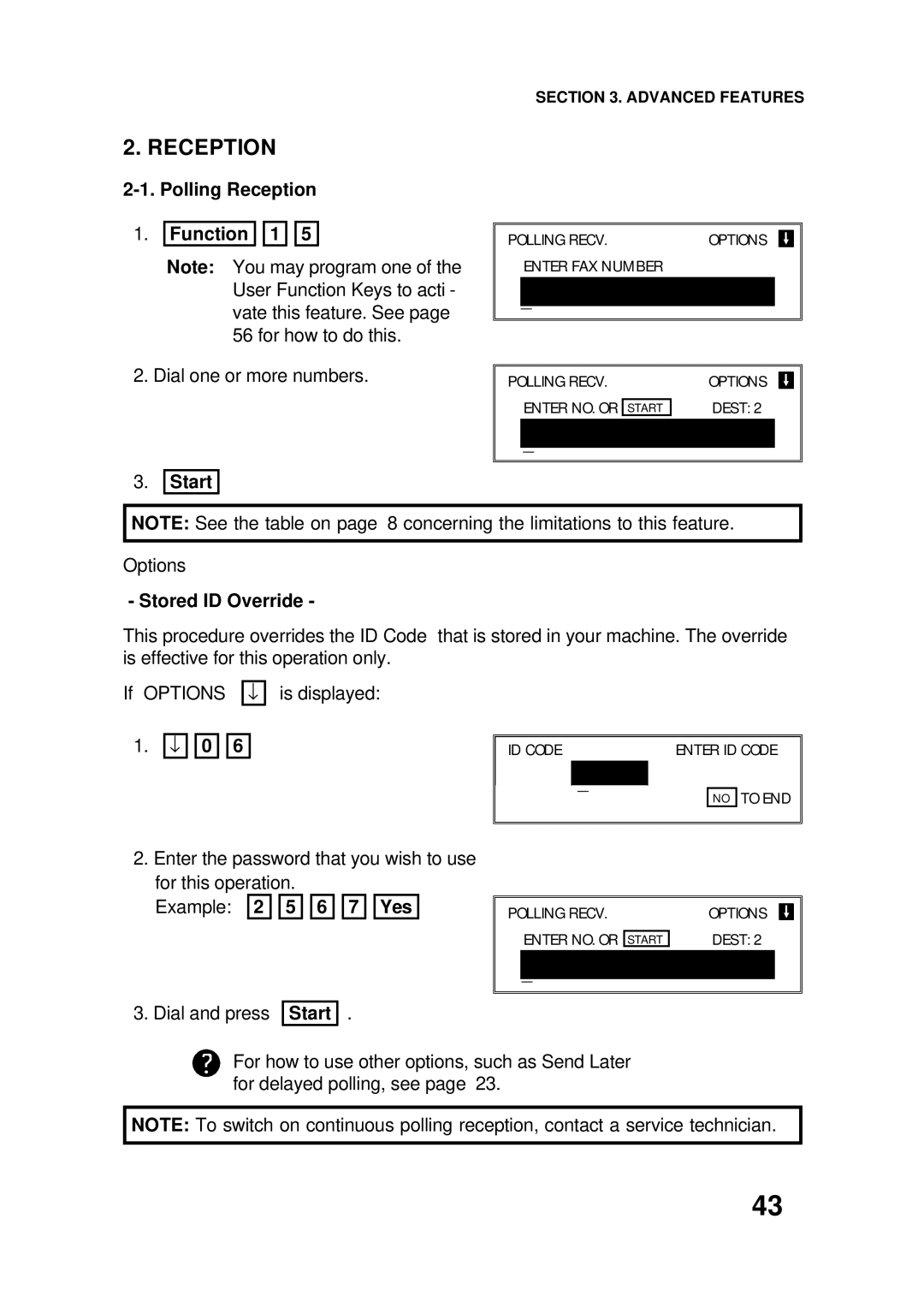 Ricoh FAX4500L manual Polling Reception Function 1, Example 2 5 6 7 Yes 