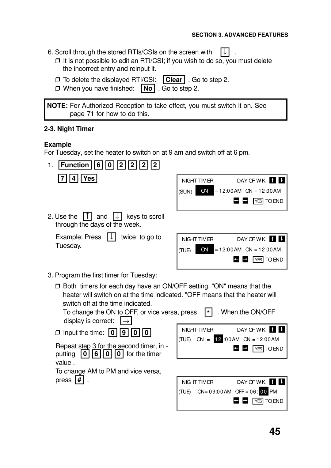 Ricoh FAX4500L manual Night Timer Example, Function 6 0 2 2 2 2 7 4 Yes 