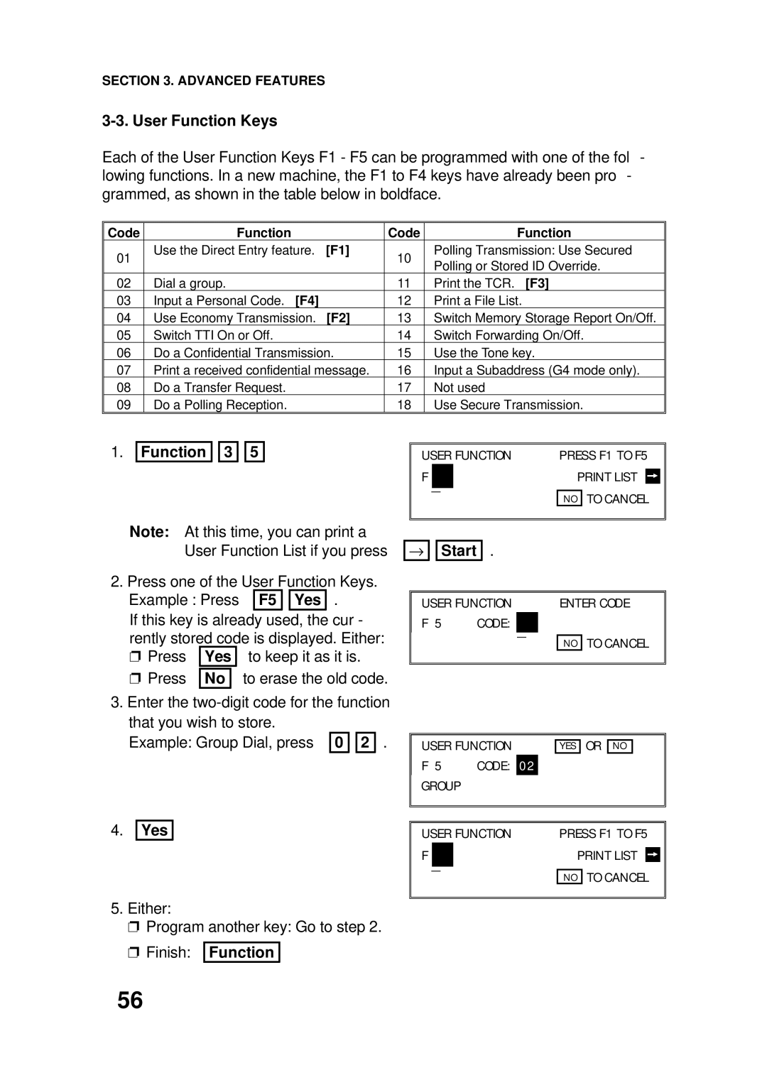 Ricoh FAX4500L manual User Function Keys, Code Function 