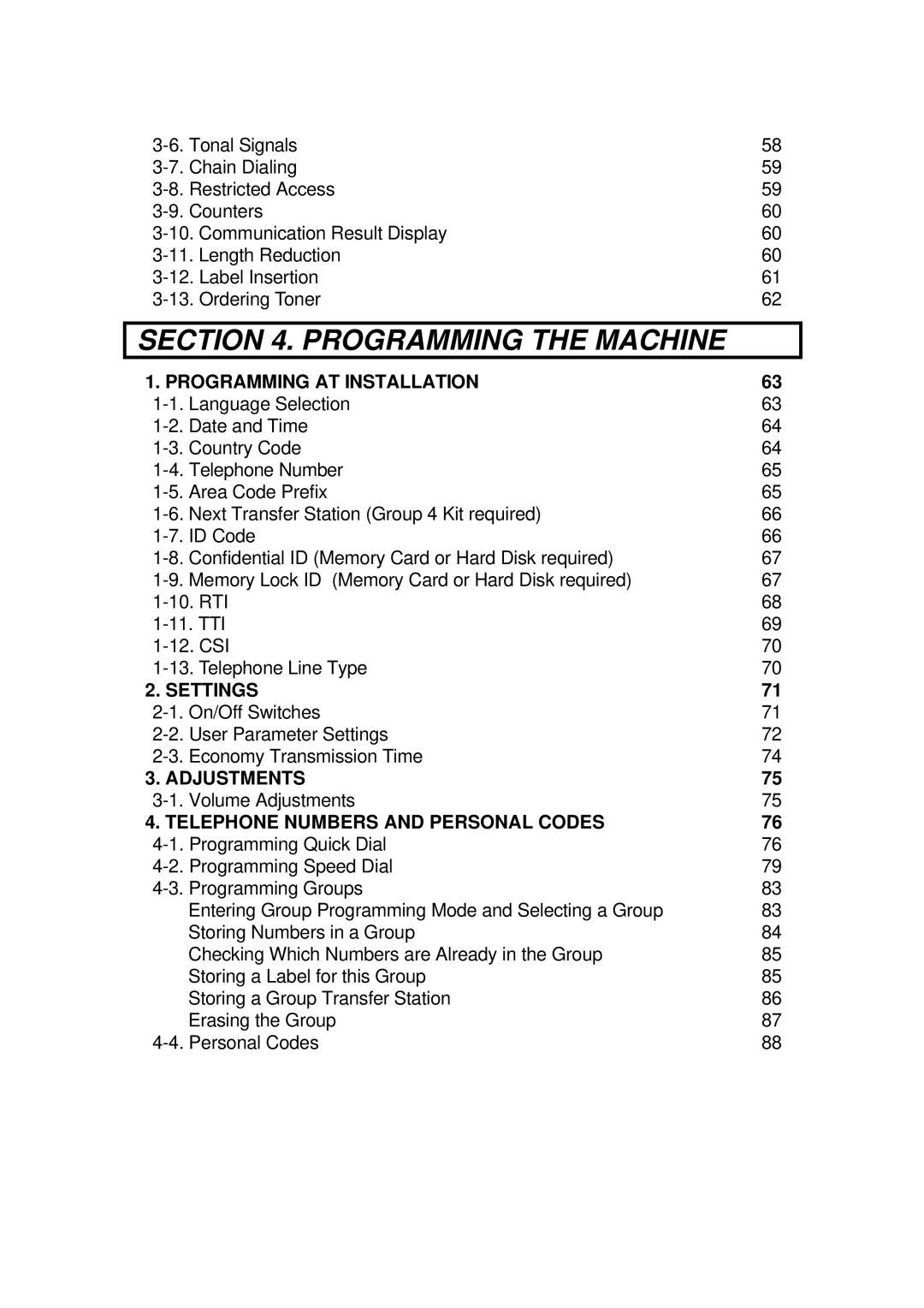 Ricoh FAX4500L manual Programming AT Installation, Settings, Adjustments, Telephone Numbers and Personal Codes 