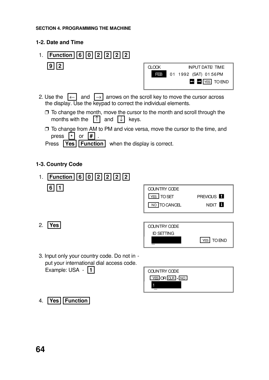 Ricoh FAX4500L manual Date and Time Function 6 0 2 2 2 2 9, Country Code Function 6 0 2 2 2 2 6 Yes 