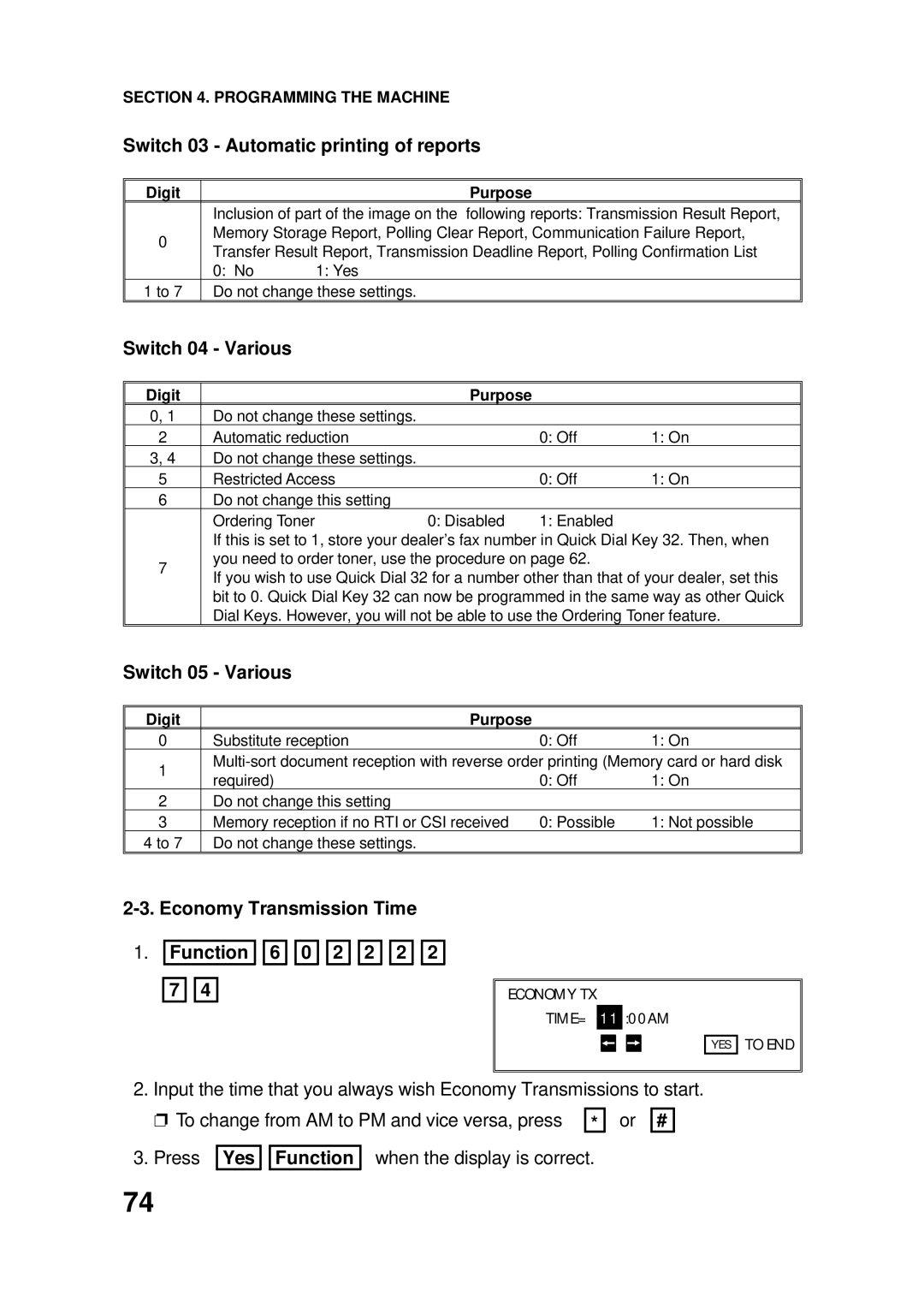 Ricoh FAX4500L manual Switch 03 Automatic printing of reports, Switch 04 Various, Switch 05 Various 