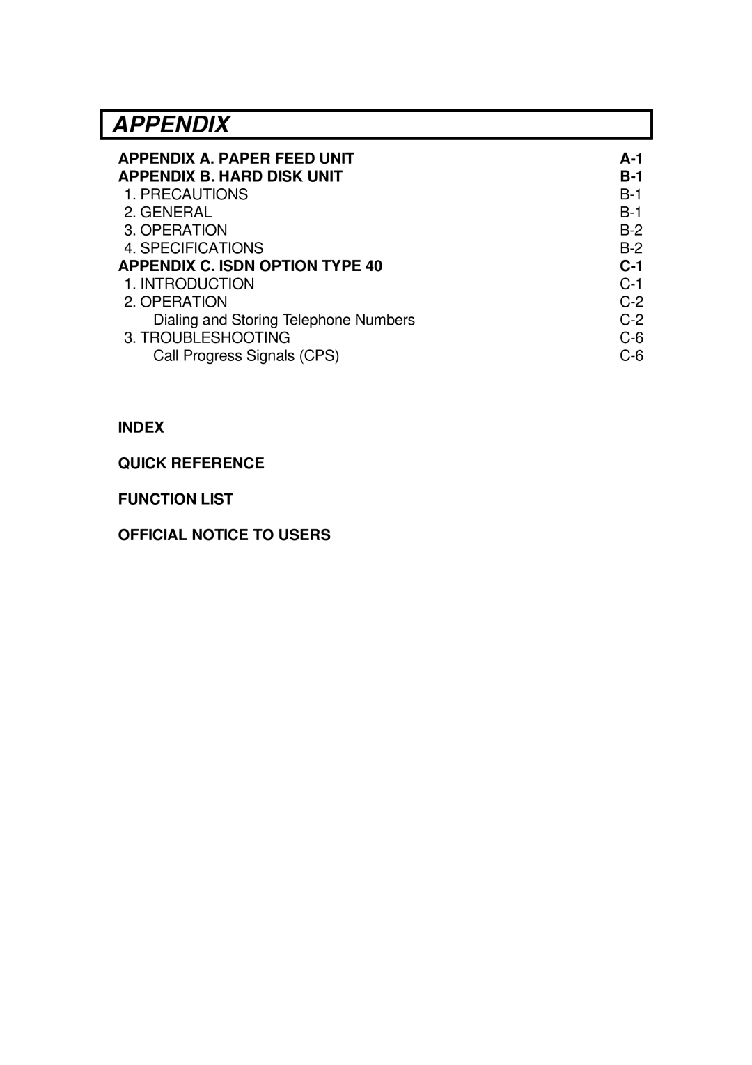 Ricoh FAX4500L manual Appendix A. Paper Feed Unit Appendix B. Hard Disk Unit, Appendix C. Isdn Option Type 