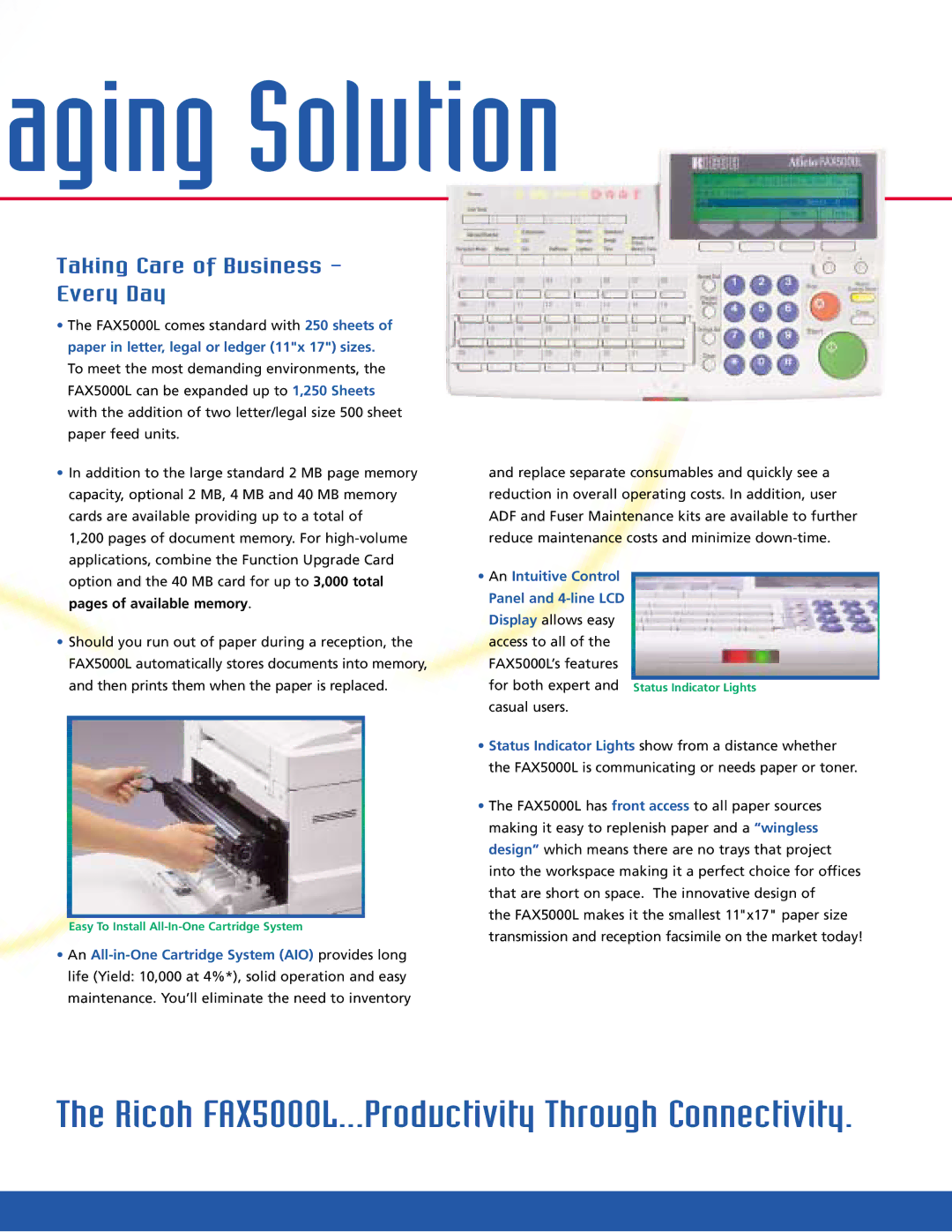 Ricoh FAX5000L manual Taking Care of Business Every Day, An Intuitive Control Panel and 4-line LCD 