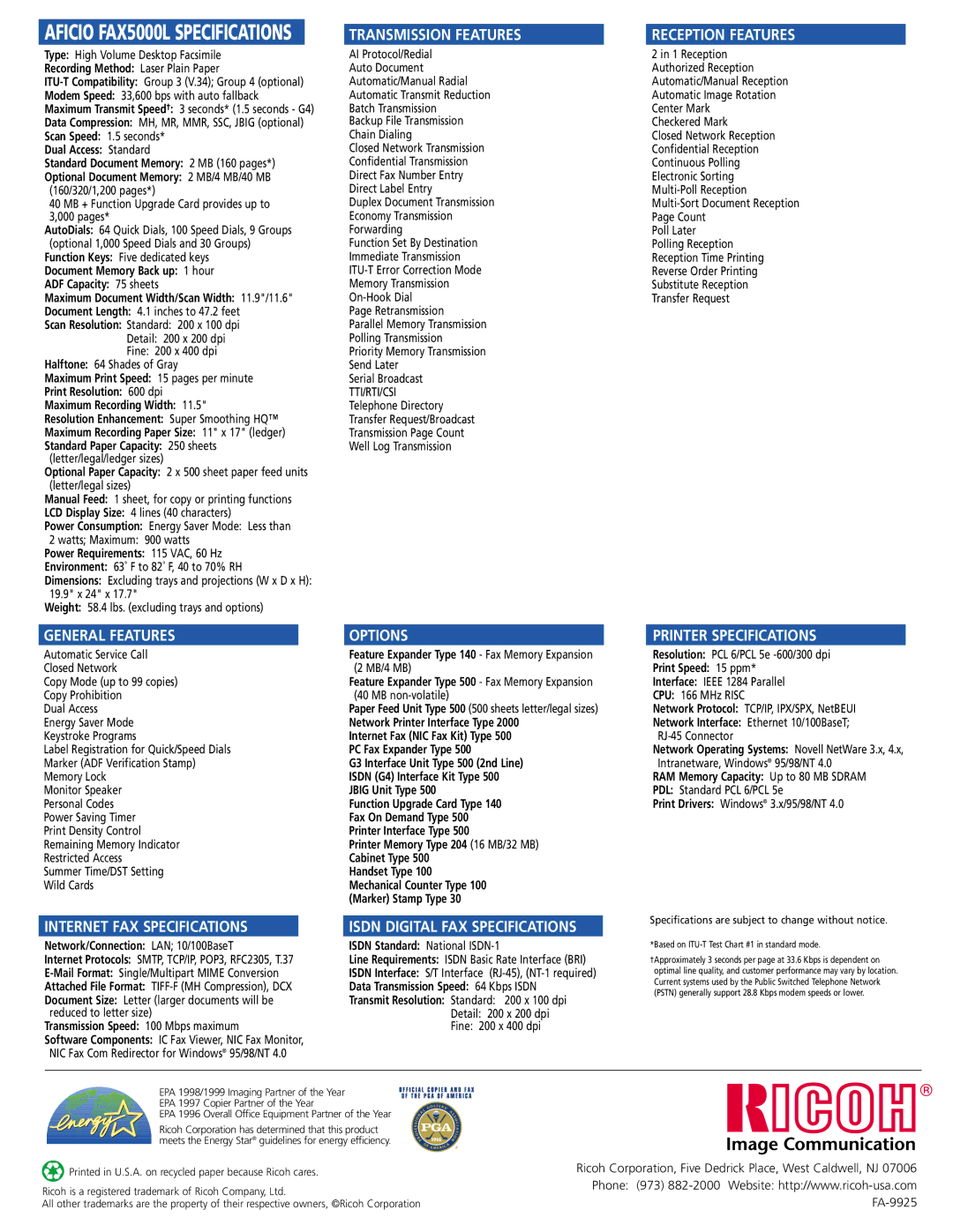 Ricoh manual Aficio FAX5000L Specifications 