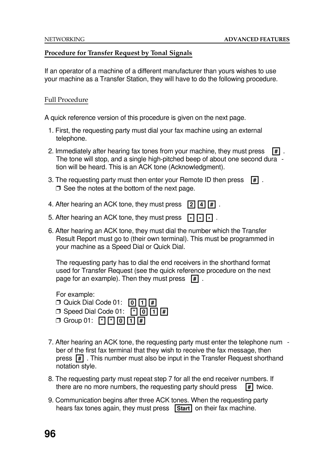 Ricoh FAX5600L manual Procedure for Transfer Request by Tonal Signals, After hearing an ACK tone, they must press 