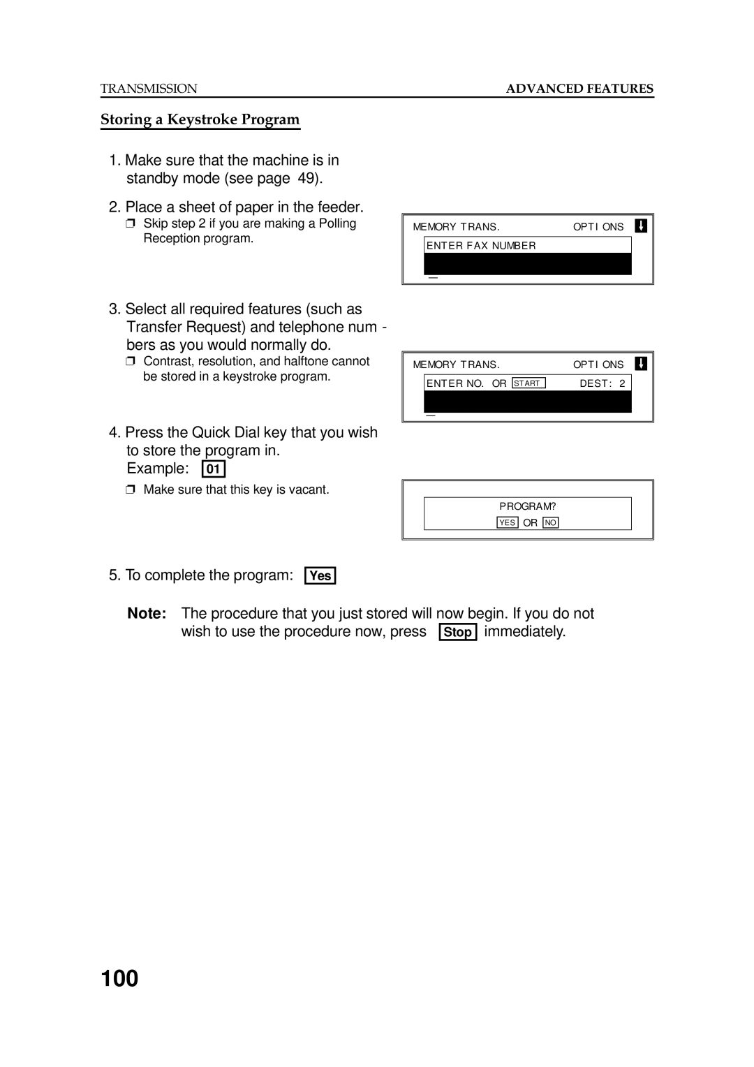 Ricoh FAX5600L manual 100, Storing a Keystroke Program, To complete the program Yes 