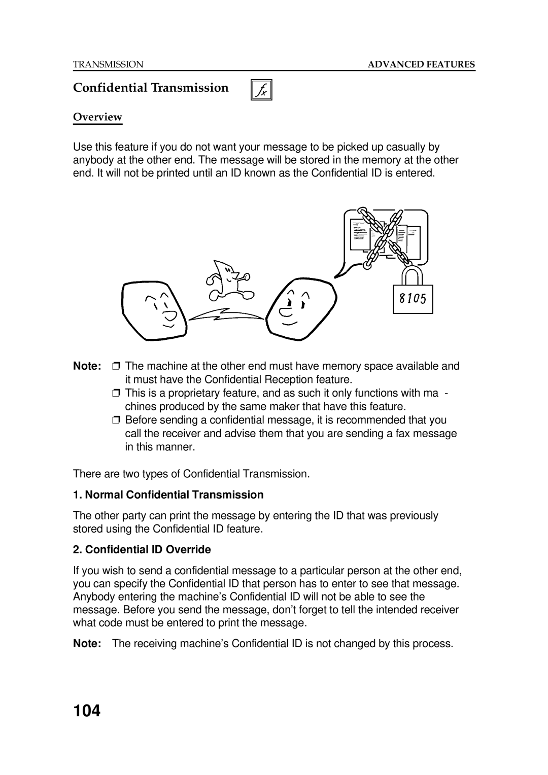 Ricoh FAX5600L manual 104, Normal Confidential Transmission, Confidential ID Override 