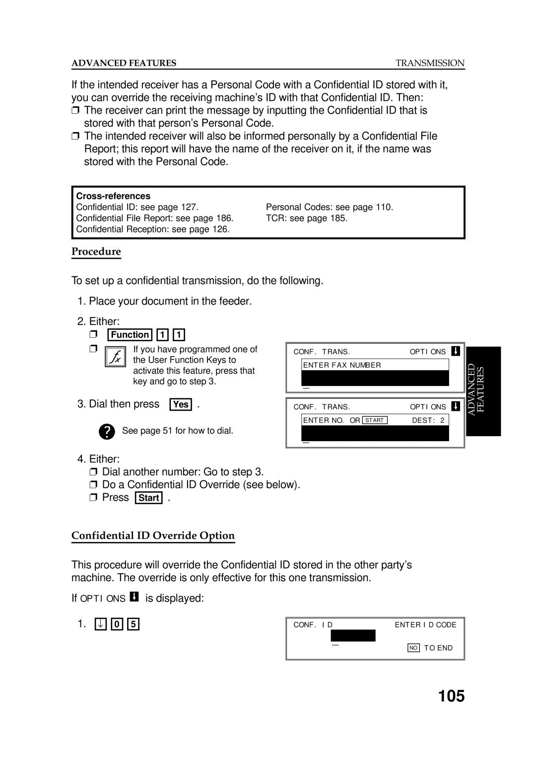 Ricoh FAX5600L manual 105, Dial then press, Confidential ID Override Option 