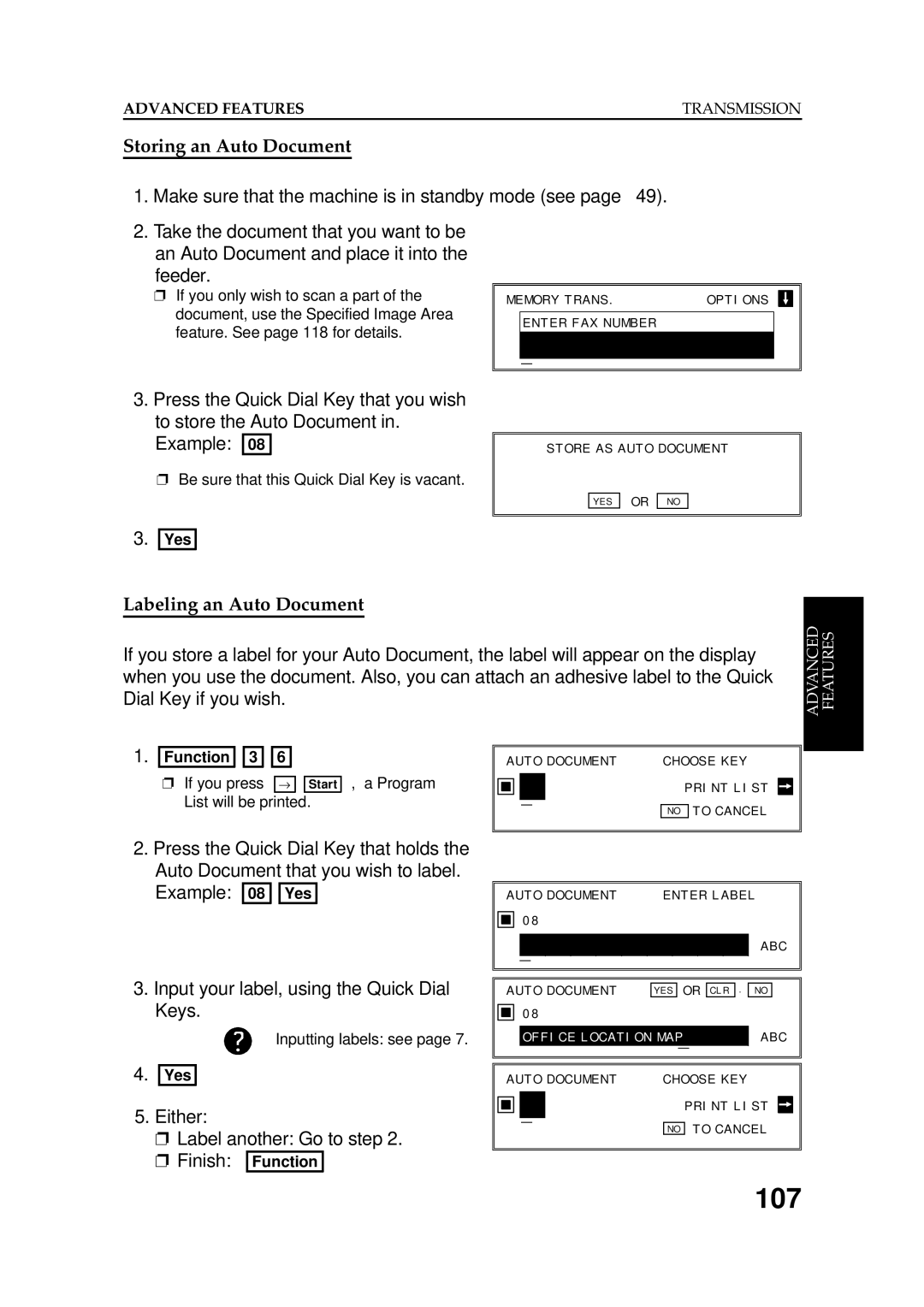 Ricoh FAX5600L 107, Storing an Auto Document, Labeling an Auto Document, Either Label another Go to step Finish Function 