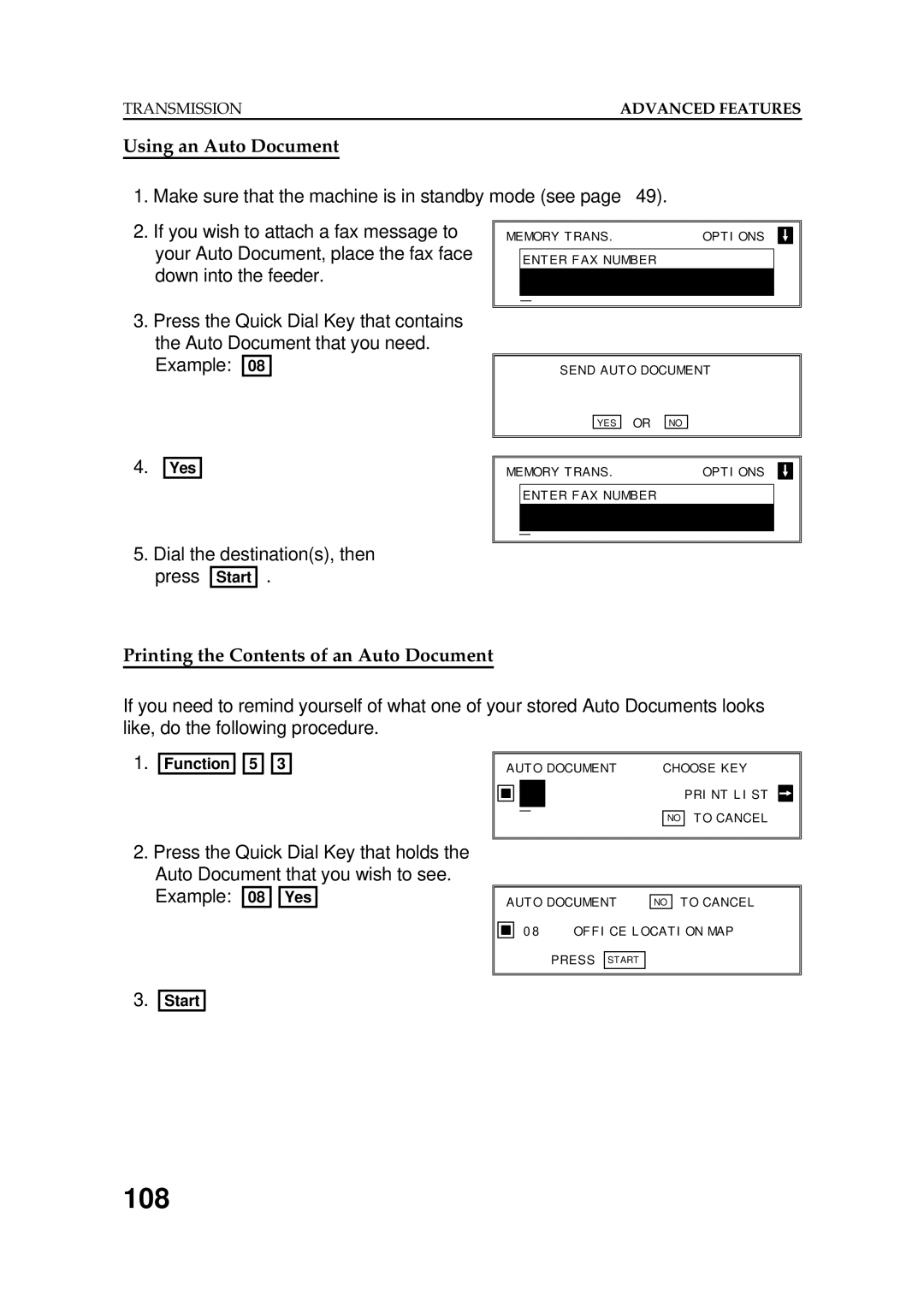 Ricoh FAX5600L manual 108, Using an Auto Document, Printing the Contents of an Auto Document 