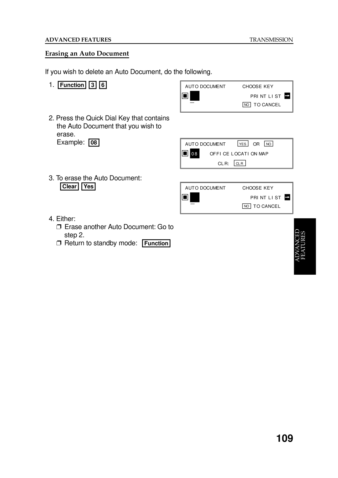 Ricoh FAX5600L manual 109, Erasing an Auto Document, If you wish to delete an Auto Document, do the following 