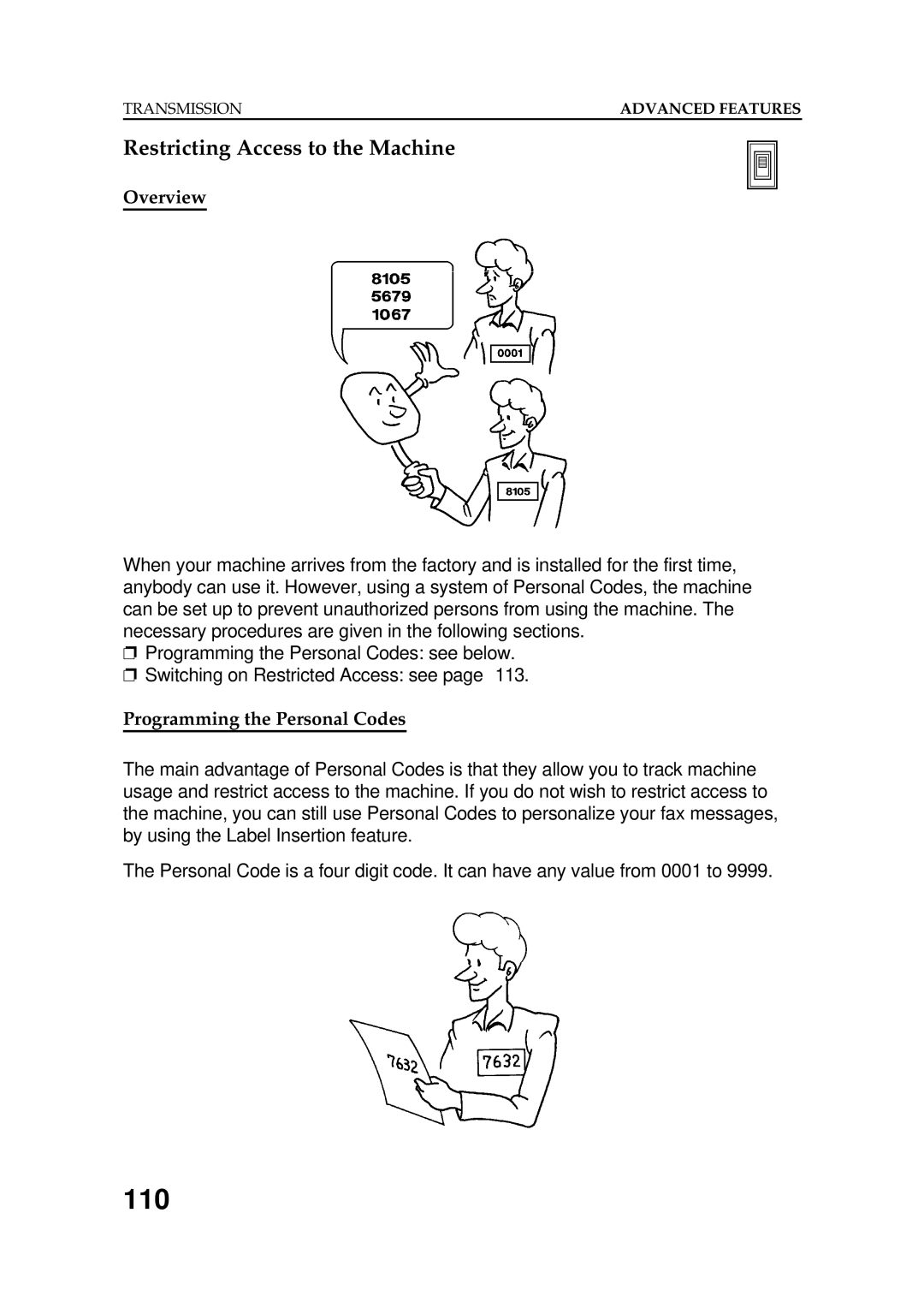 Ricoh FAX5600L manual 110, Restricting Access to the Machine, Programming the Personal Codes 