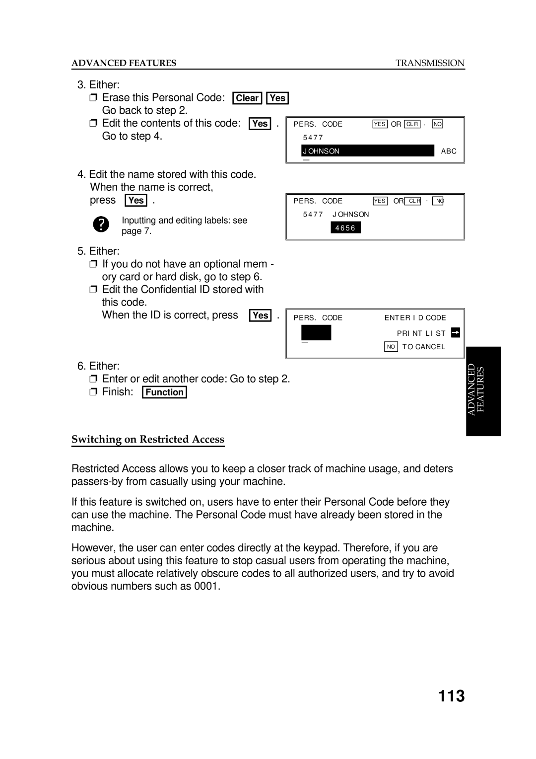 Ricoh FAX5600L manual 113, Go to step, Switching on Restricted Access 