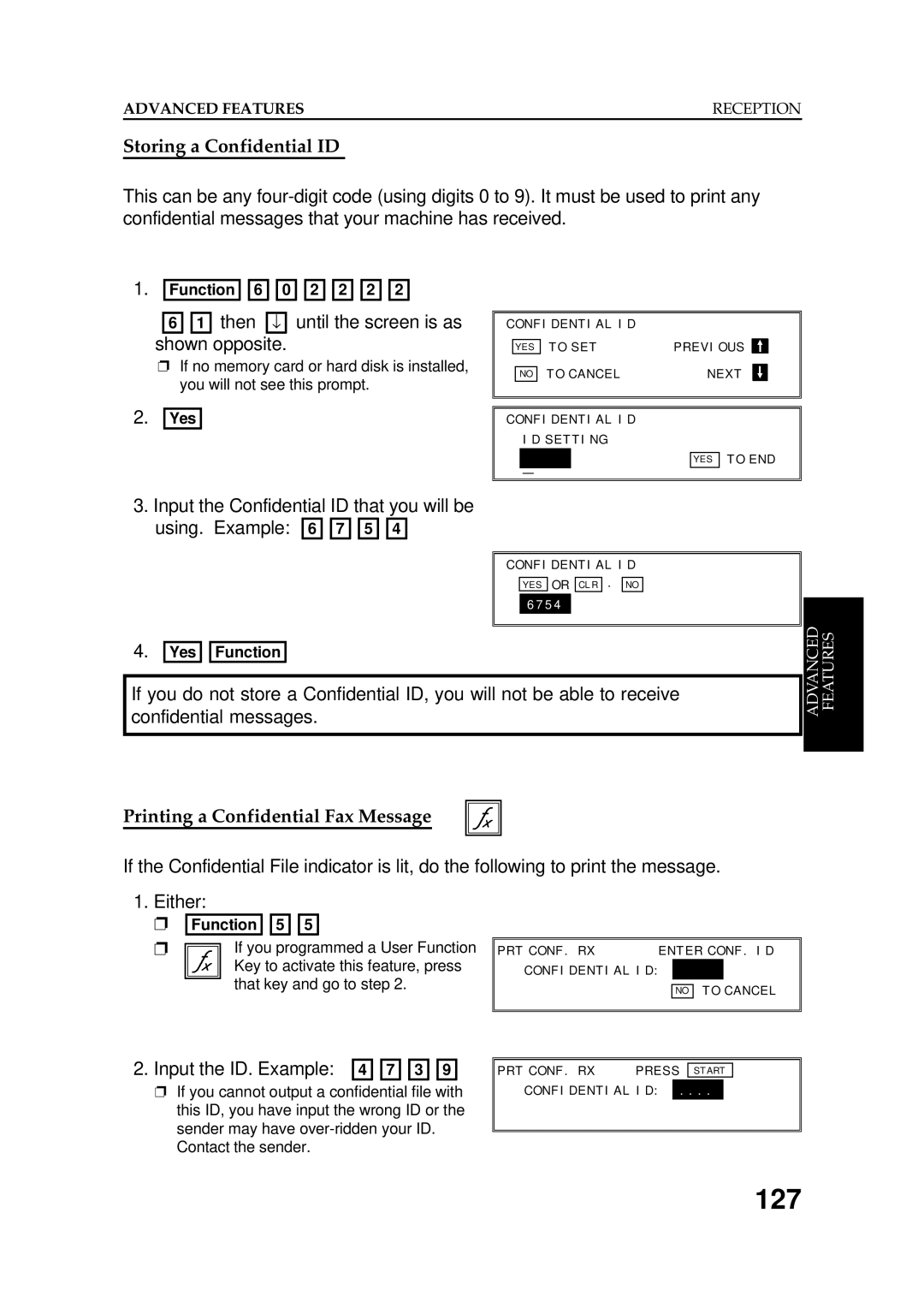 Ricoh FAX5600L manual 127, Storing a Confidential ID, Printing a Confidential Fax Message, Input the ID. Example 4 7 3 