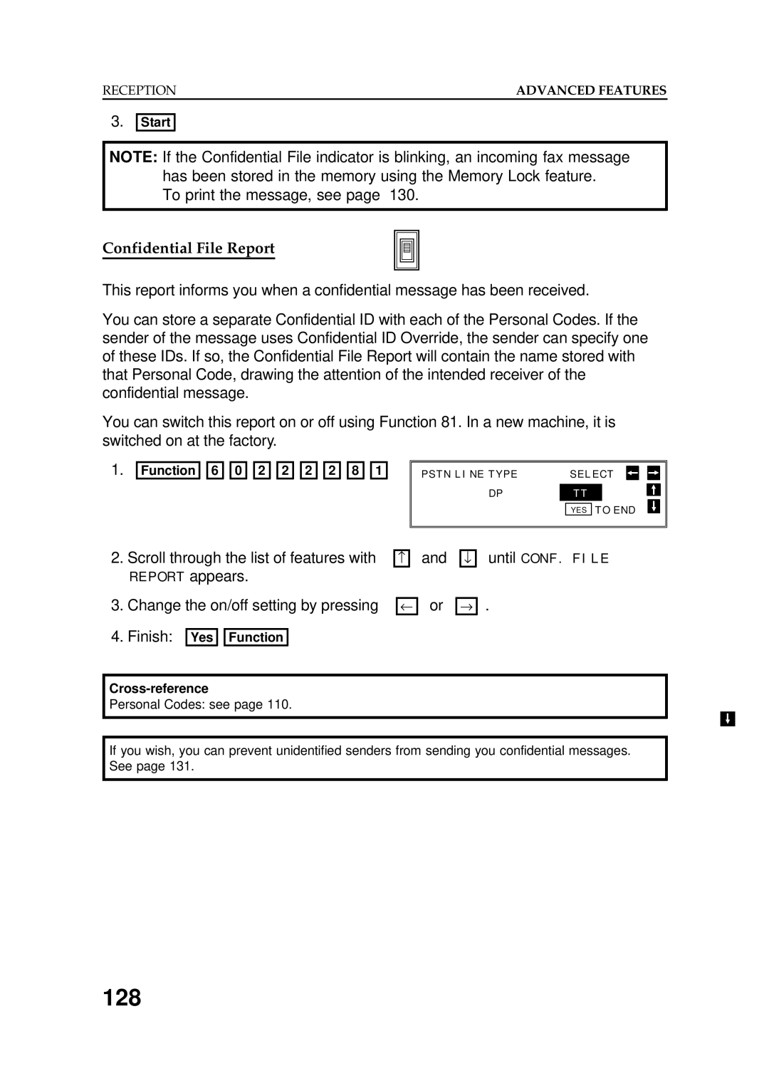 Ricoh FAX5600L manual 128, To print the message, see, Confidential File Report, Change the on/off setting by pressing 