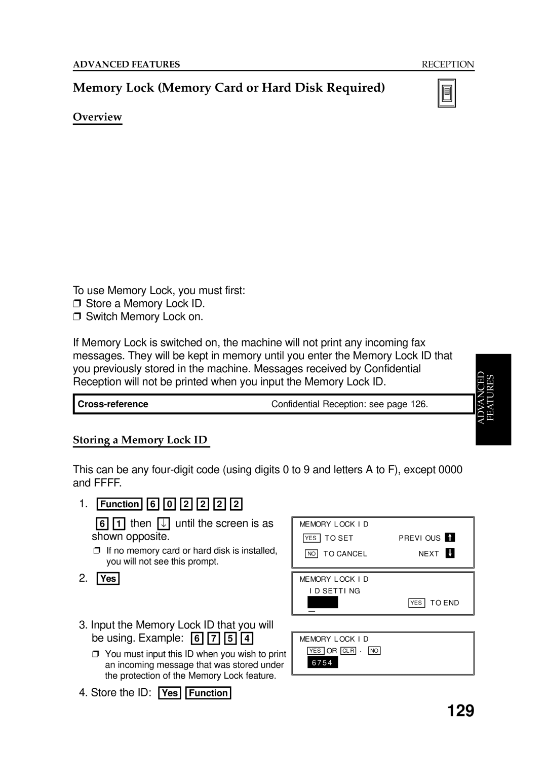 Ricoh FAX5600L 129, Memory Lock Memory Card or Hard Disk Required, Storing a Memory Lock ID, Store the ID Yes Function 