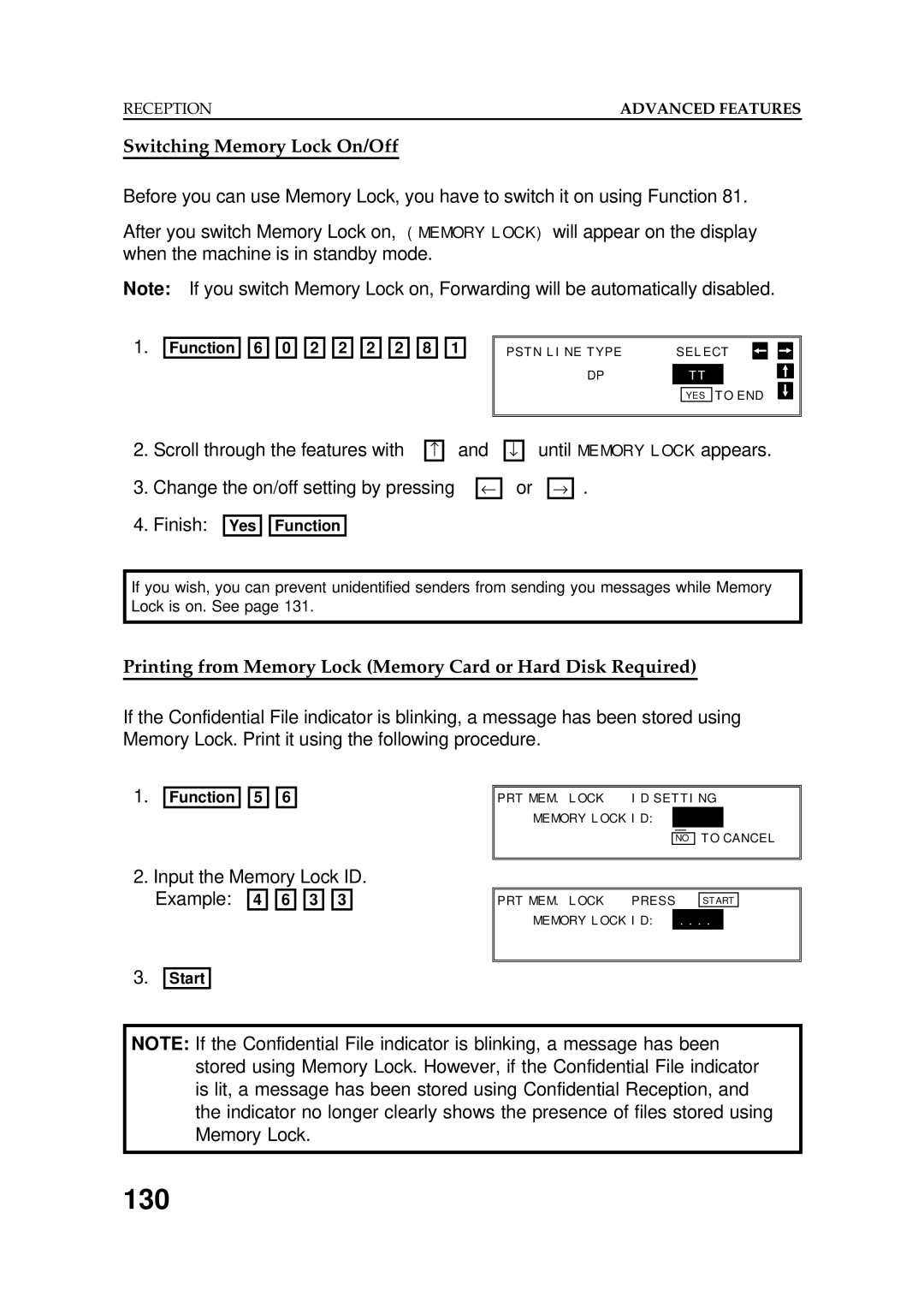 Ricoh FAX5600L manual 130, Switching Memory Lock On/Off, ↓ until or →, Input the Memory Lock ID 