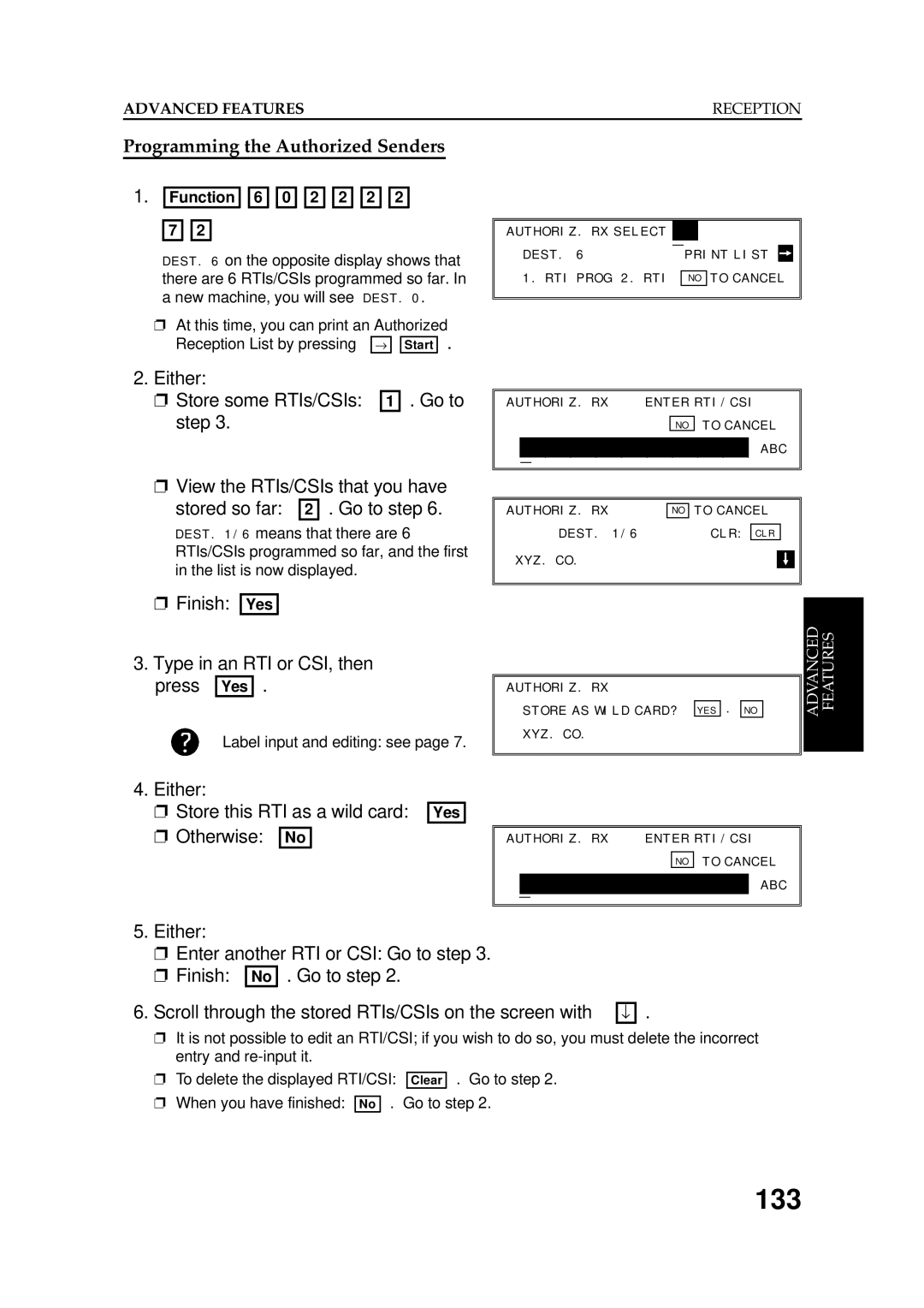 Ricoh FAX5600L manual 133, Programming the Authorized Senders, Finish Yes Type in an RTI or CSI, then press Yes 