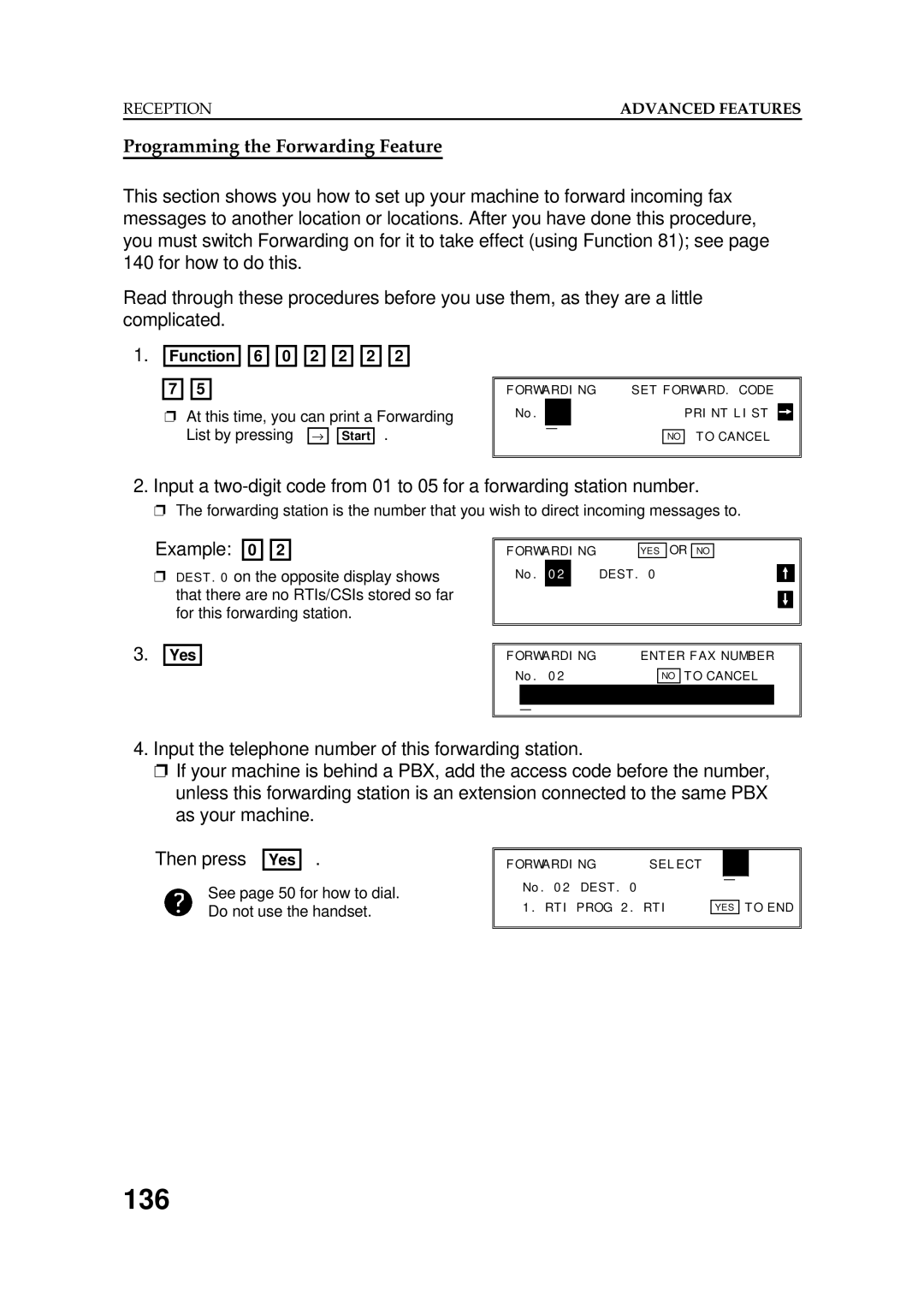 Ricoh FAX5600L manual 136, Programming the Forwarding Feature 