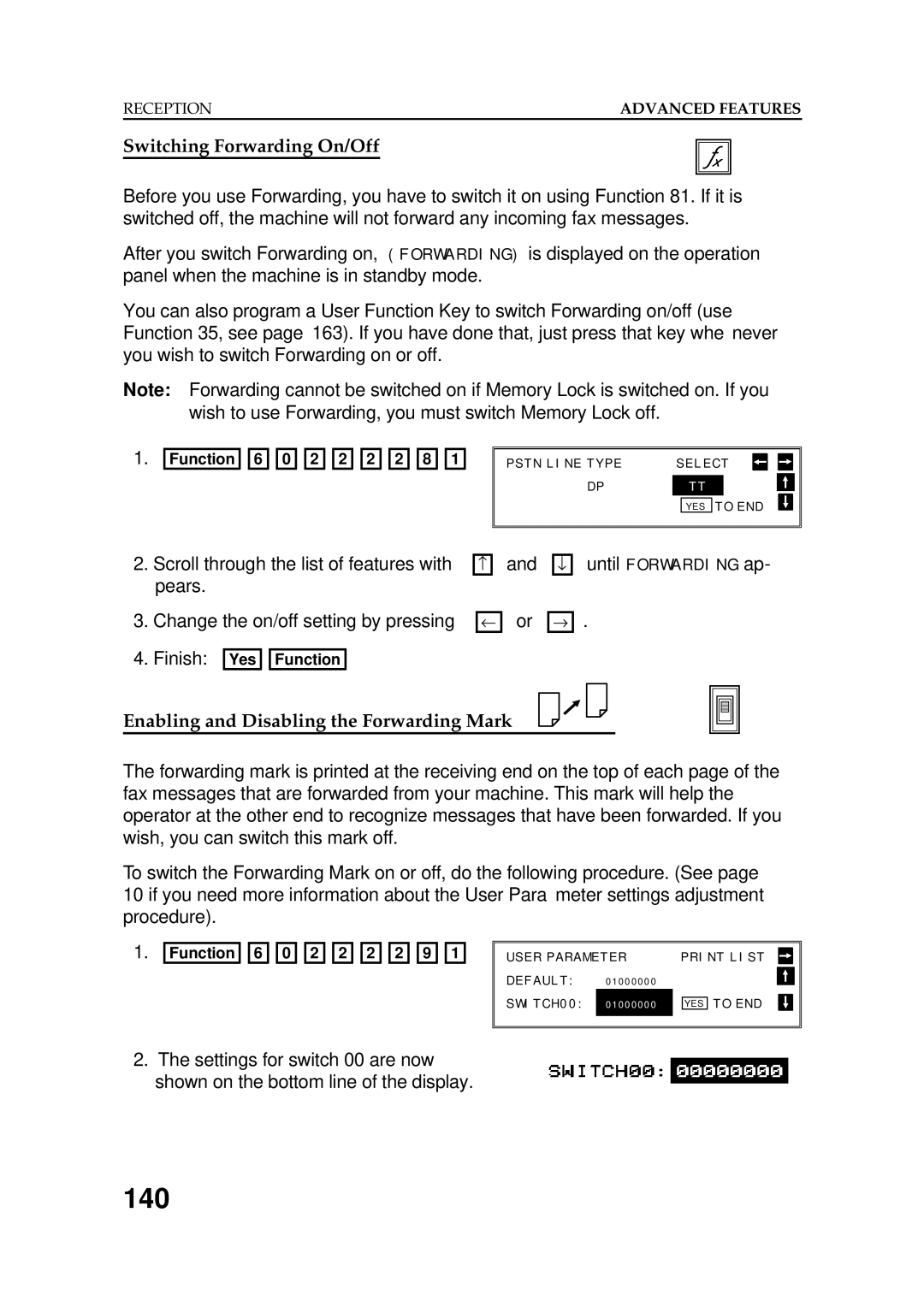 Ricoh FAX5600L manual 140, Switching Forwarding On/Off, Scroll through the list of features with pears 