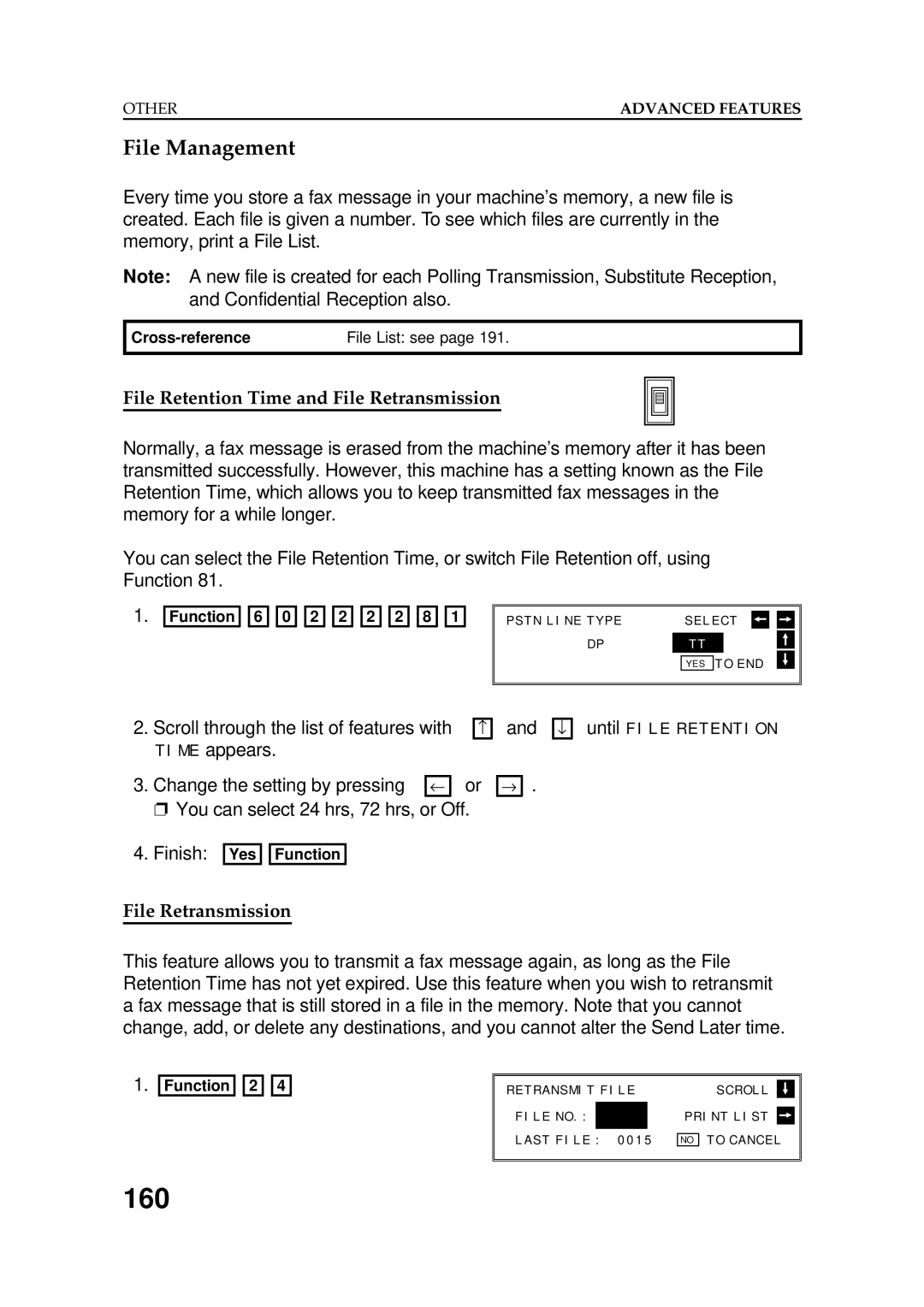 Ricoh FAX5600L manual 160, File Management, File Retention Time and File Retransmission 