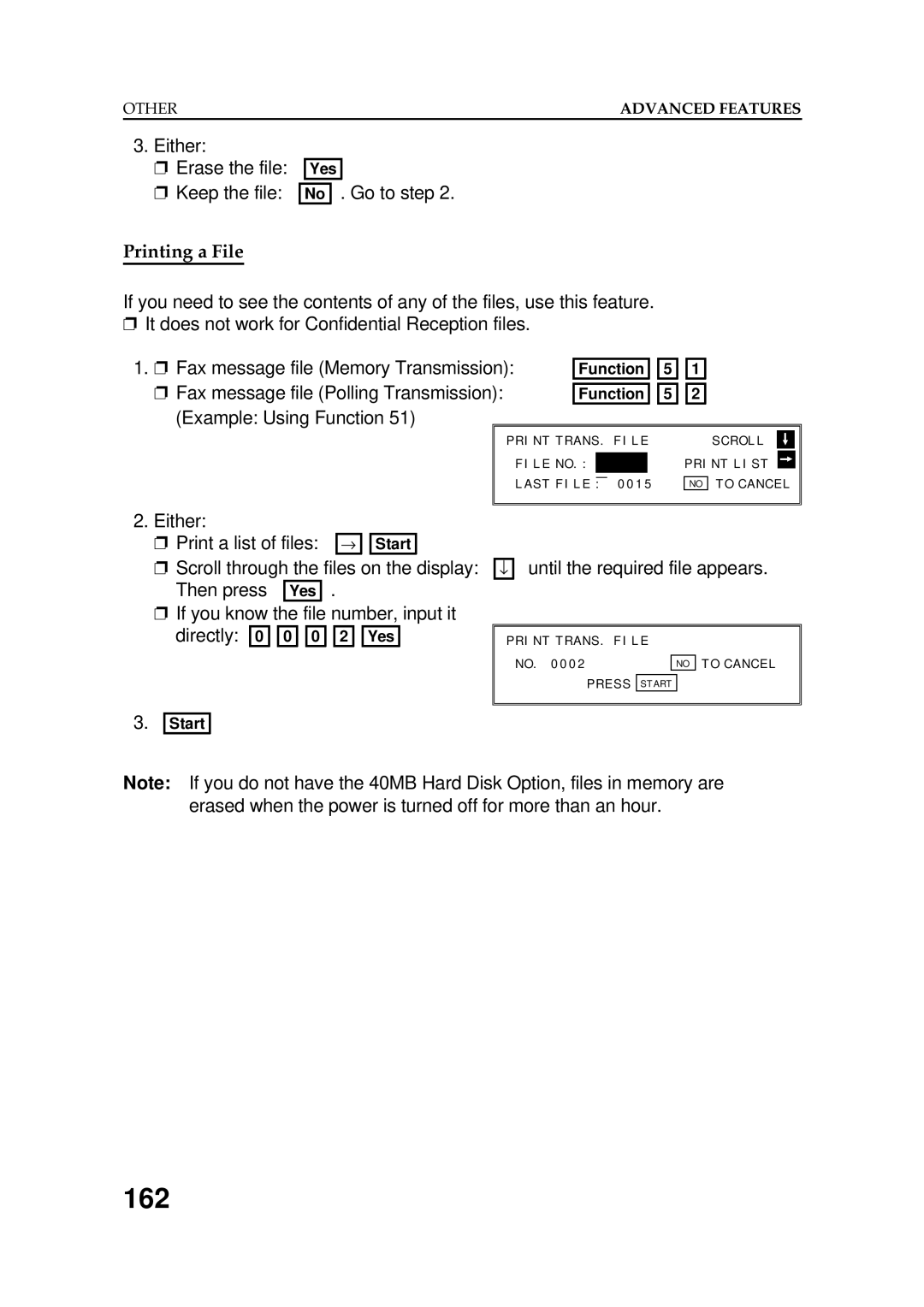 Ricoh FAX5600L manual 162, Either Erase the file Keep the file, Printing a File 