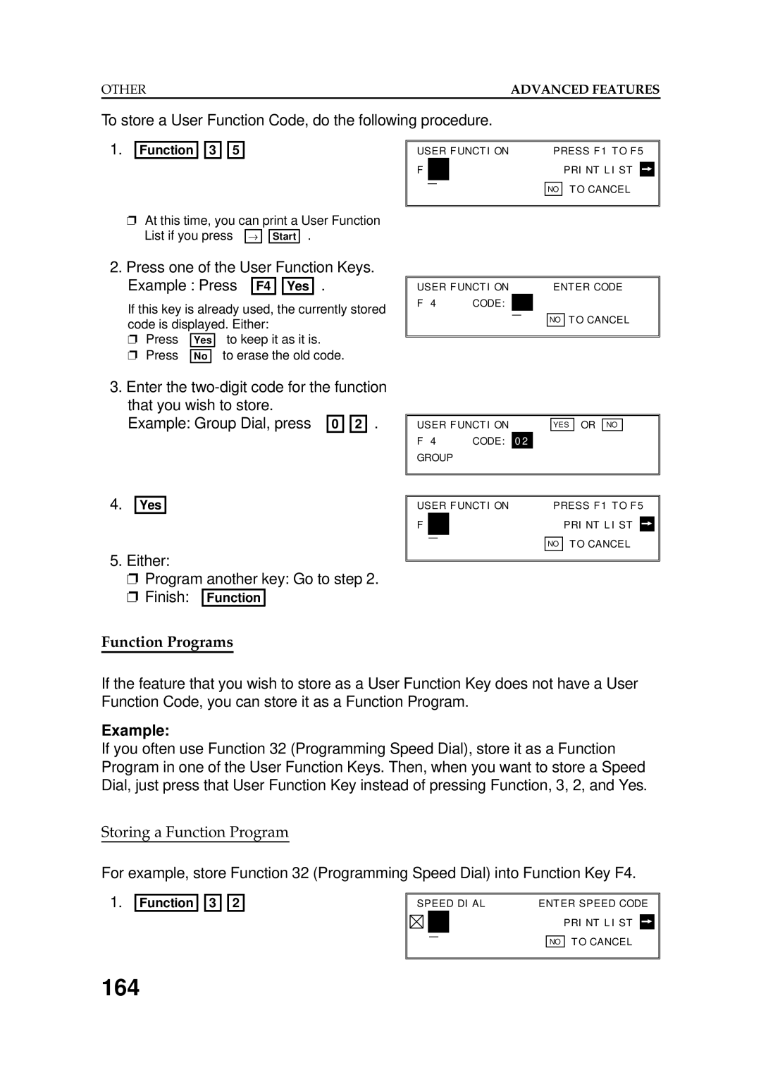 Ricoh FAX5600L manual 164, To store a User Function Code, do the following procedure, Function Programs 