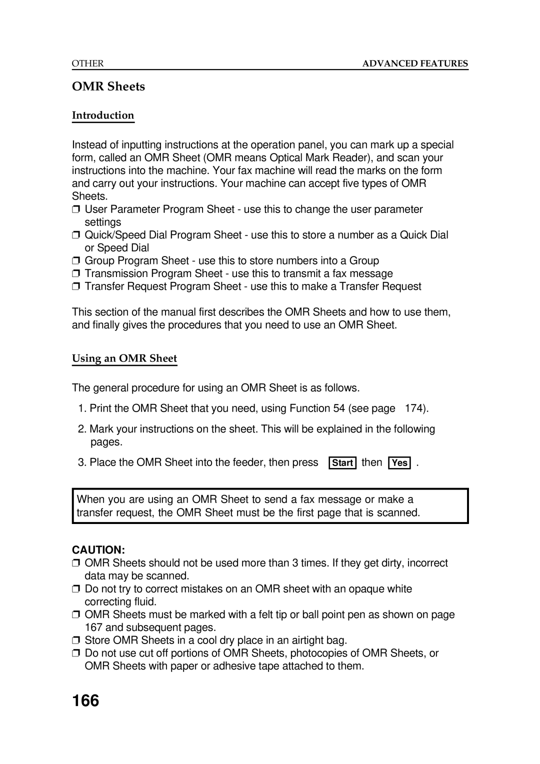 Ricoh FAX5600L manual 166, OMR Sheets, Introduction, Using an OMR Sheet 