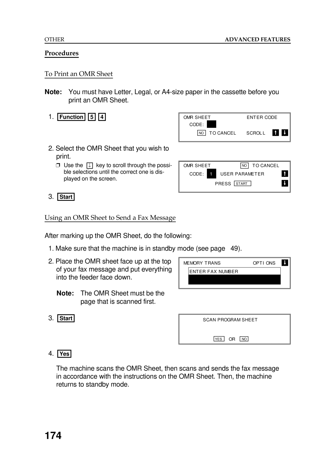 Ricoh FAX5600L manual 174, Procedures, Select the OMR Sheet that you wish to print 