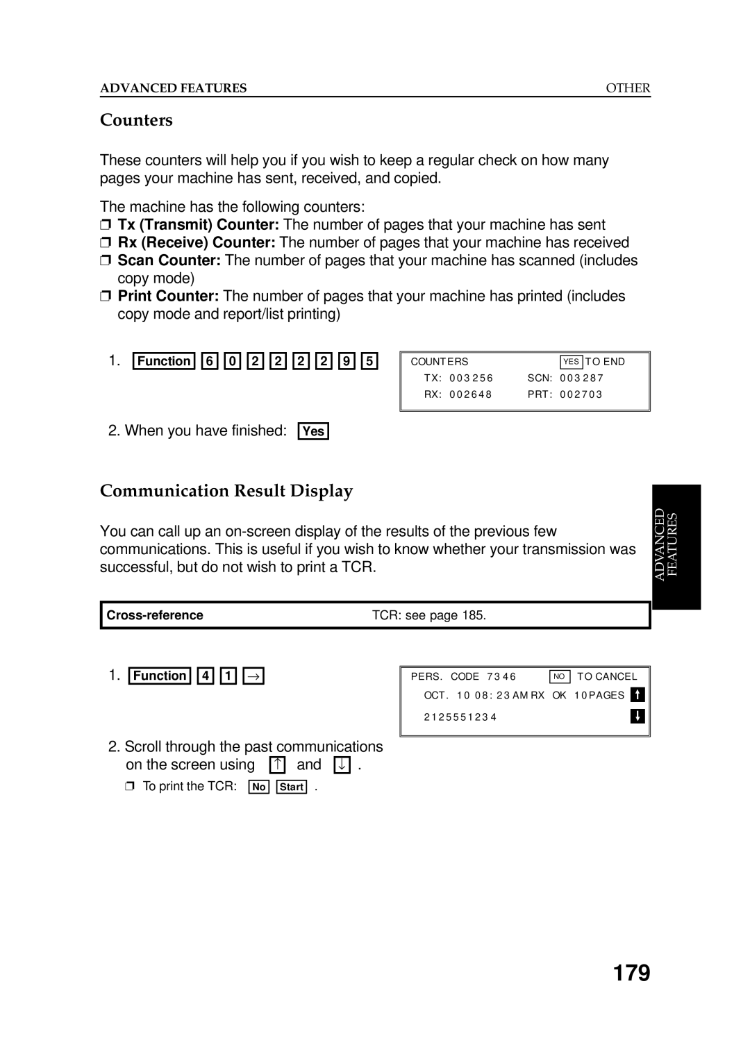 Ricoh FAX5600L manual 179, Counters, Communication Result Display, When you have finished 