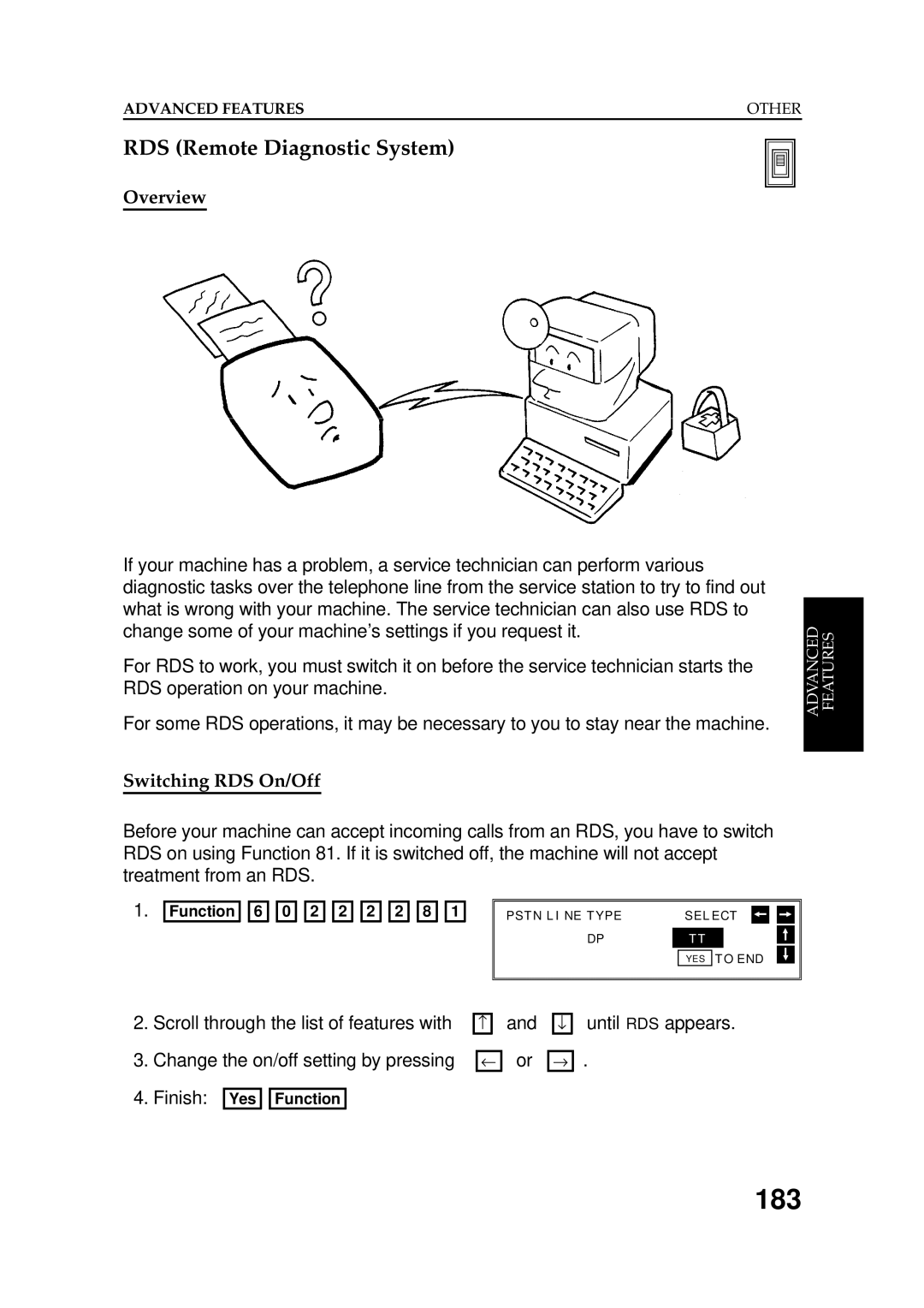 Ricoh FAX5600L manual 183, RDS Remote Diagnostic System, Switching RDS On/Off 