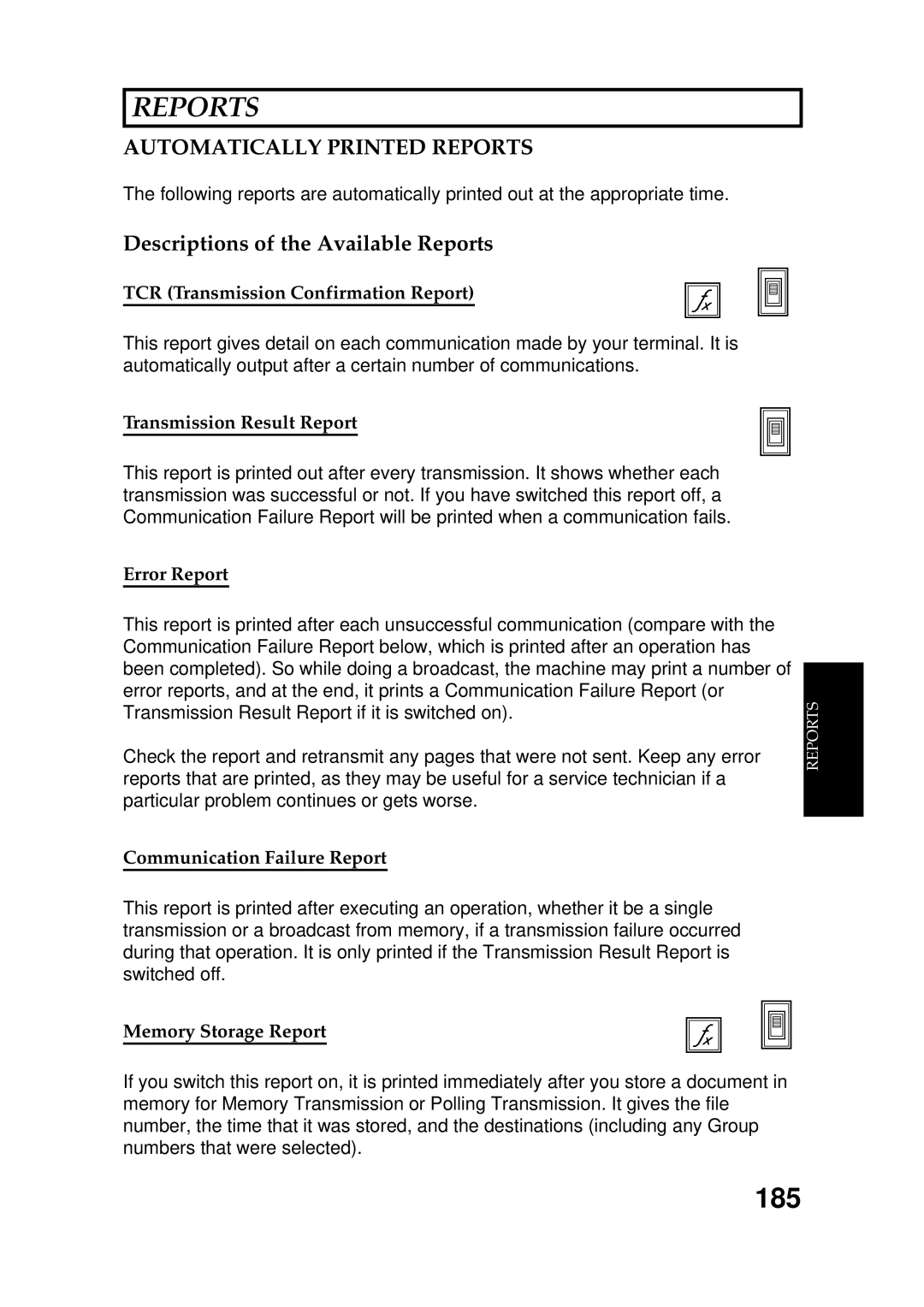 Ricoh FAX5600L manual 185, Automatically Printed Reports, Descriptions of the Available Reports 