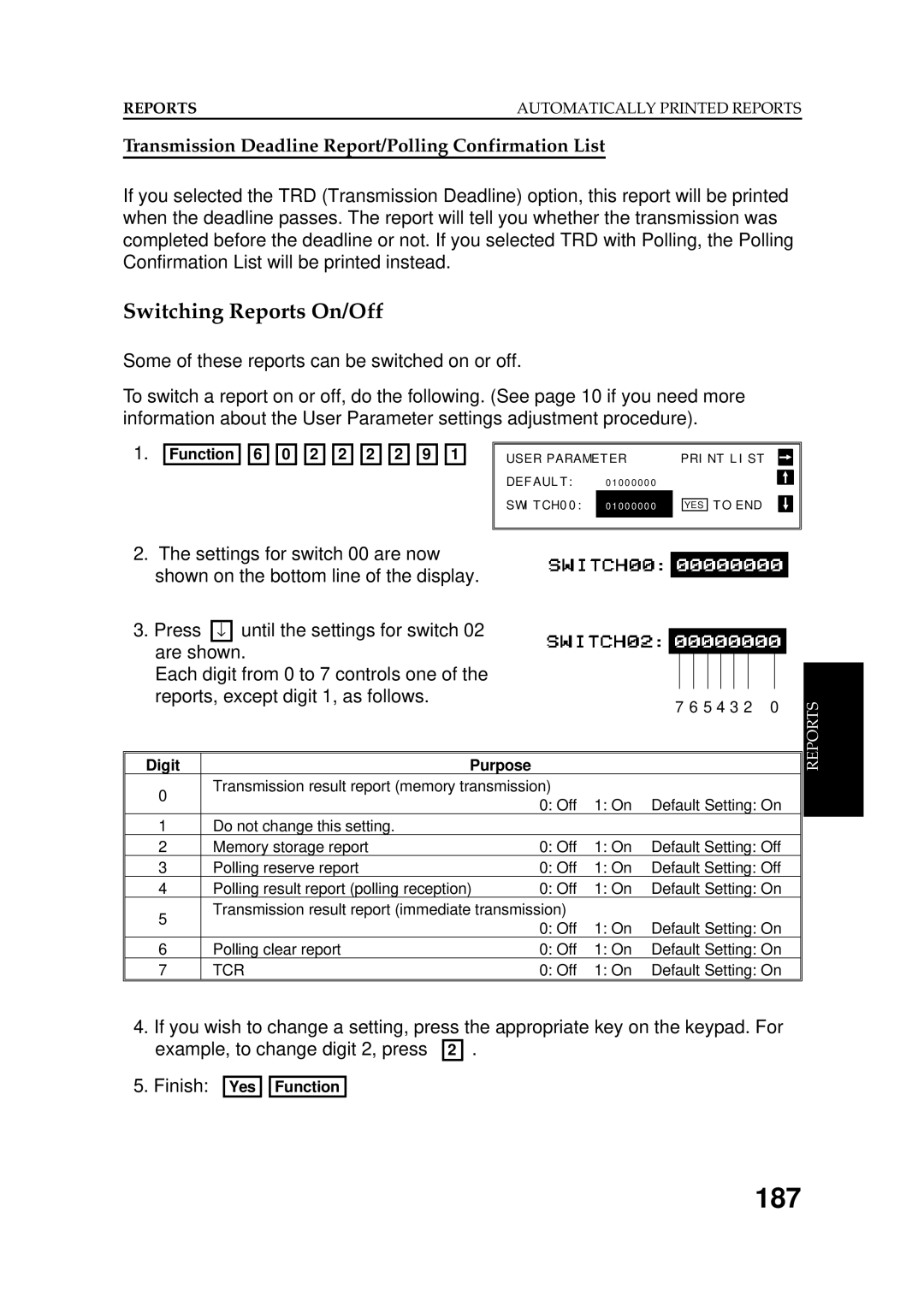 Ricoh FAX5600L manual 187, Switching Reports On/Off, Transmission Deadline Report/Polling Confirmation List 