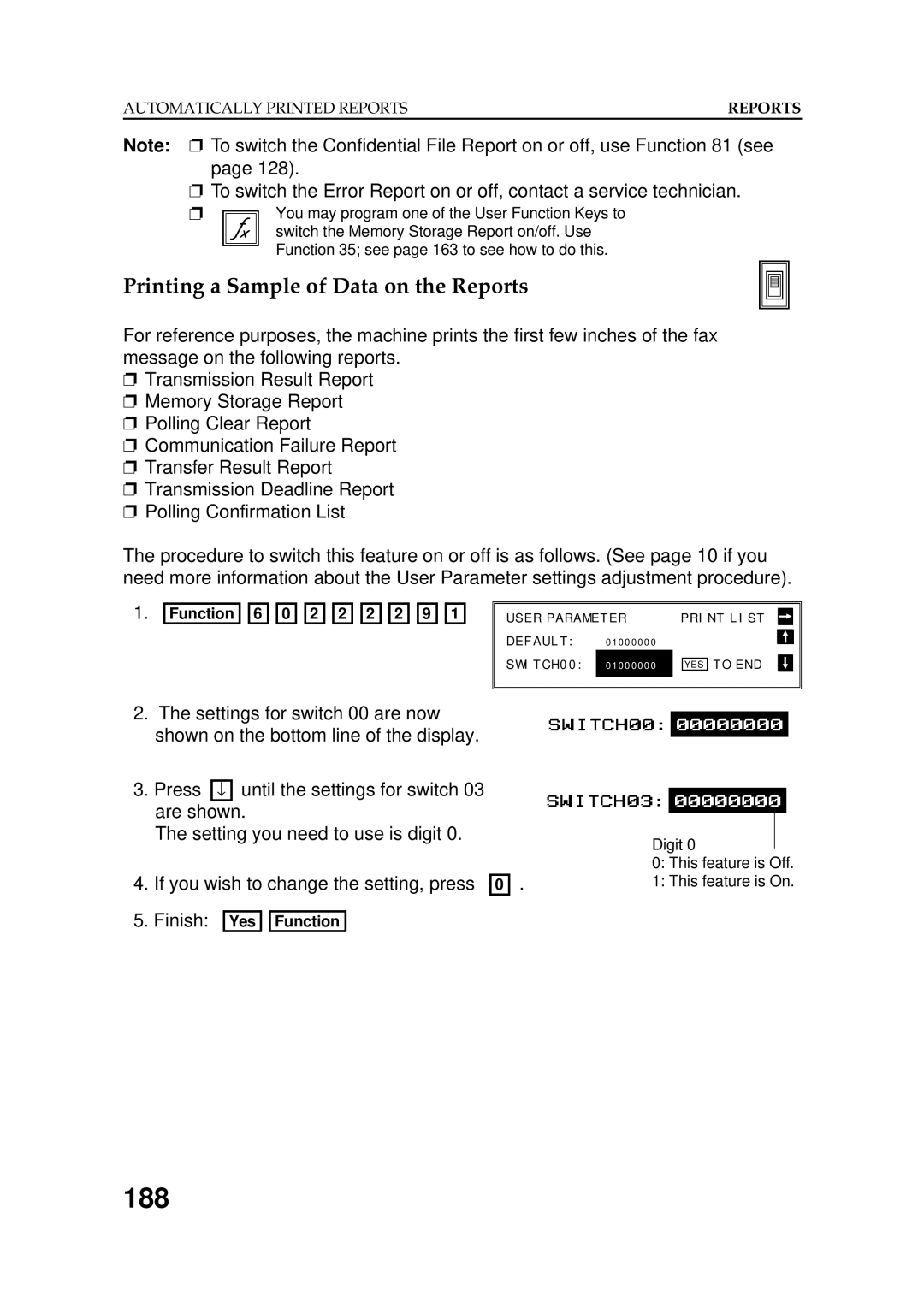 Ricoh FAX5600L manual 188, Printing a Sample of Data on the Reports 