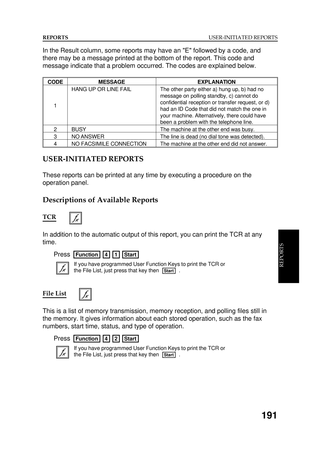 Ricoh FAX5600L manual 191, USER-INITIATED Reports, Descriptions of Available Reports, File List 