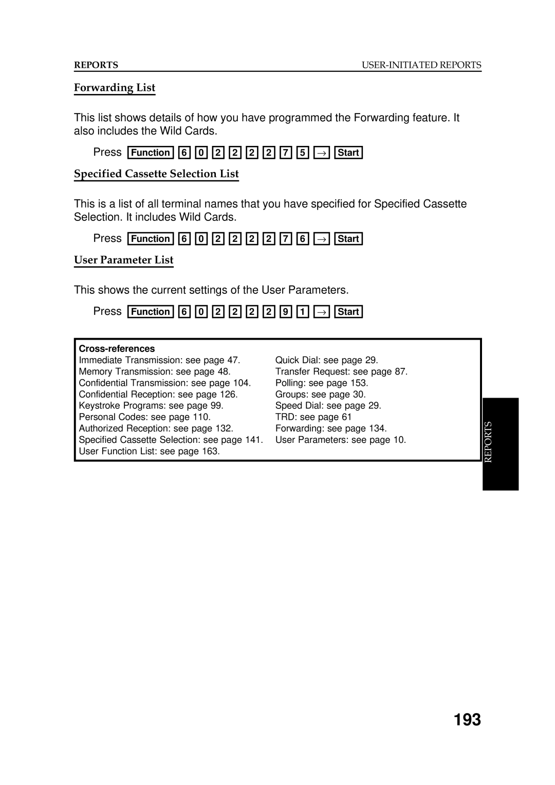 Ricoh FAX5600L manual 193, Forwarding List, Specified Cassette Selection List, User Parameter List 