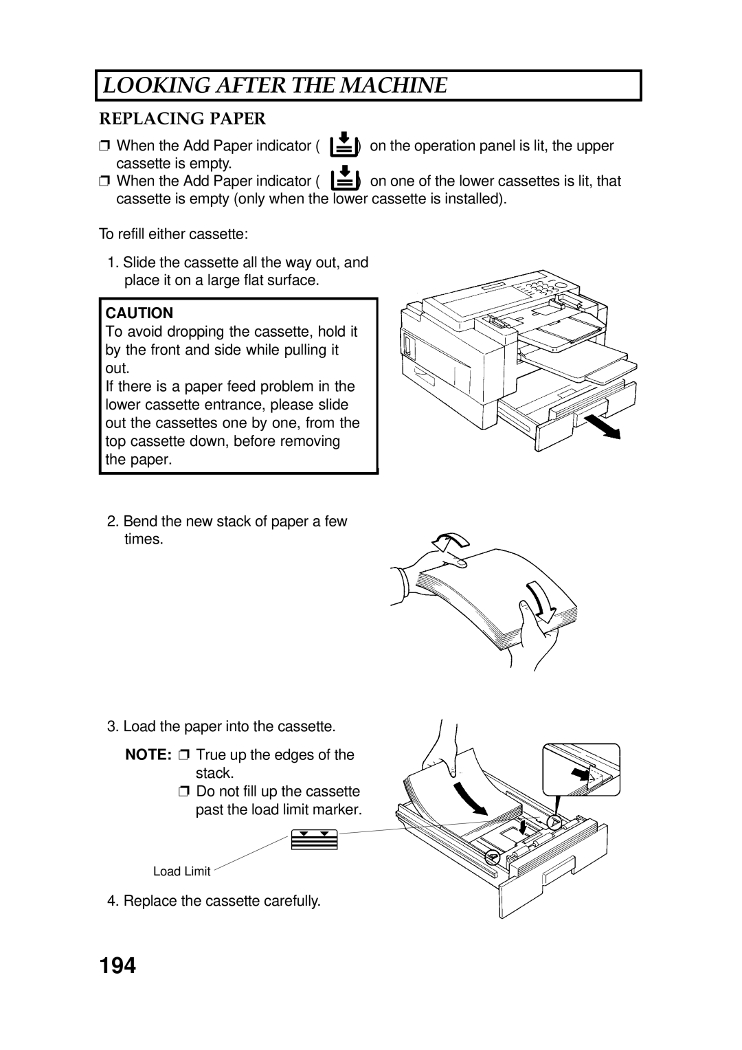 Ricoh FAX5600L manual 194, Replacing Paper, Replace the cassette carefully 