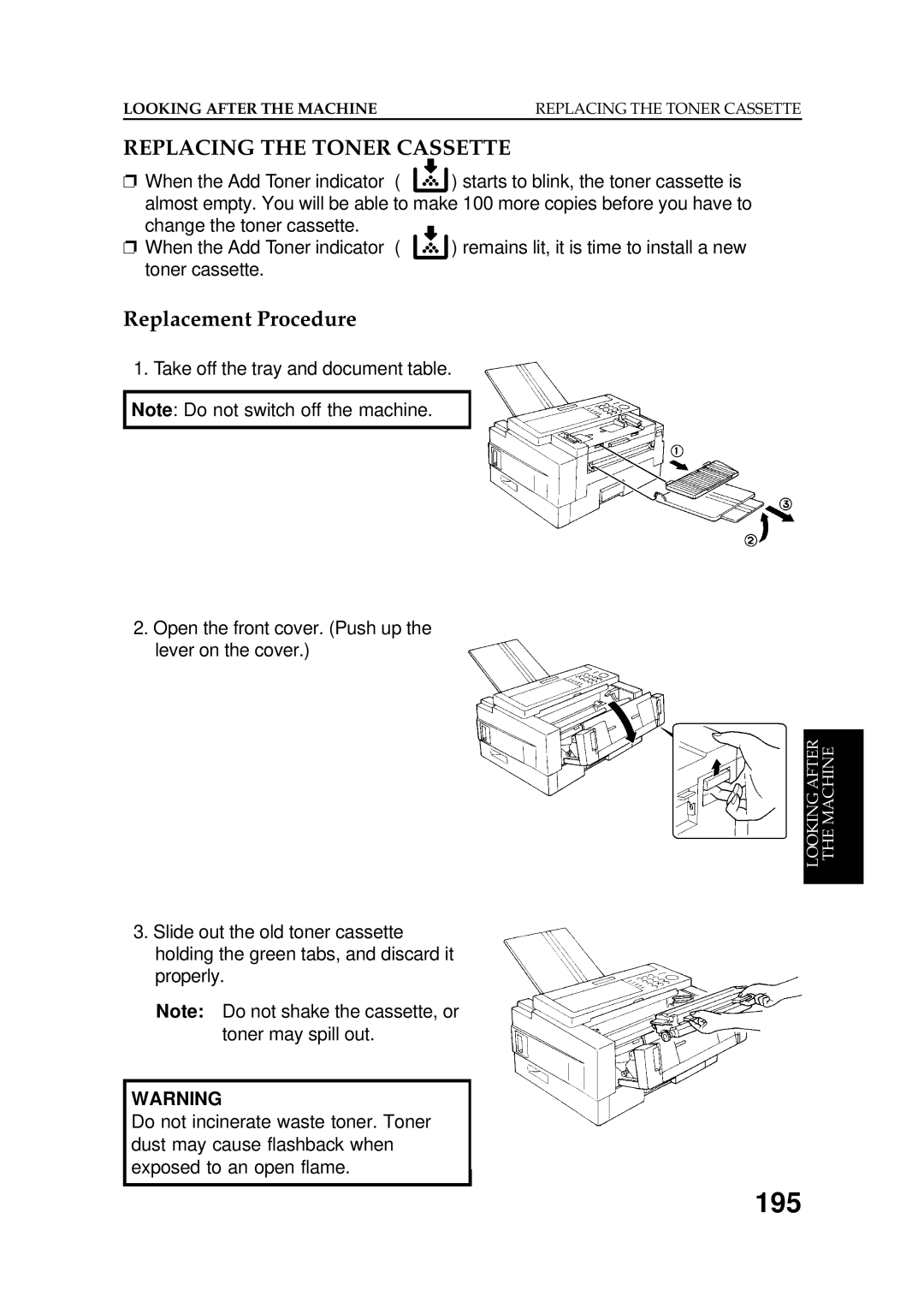 Ricoh FAX5600L manual 195, Replacing the Toner Cassette, Replacement Procedure 