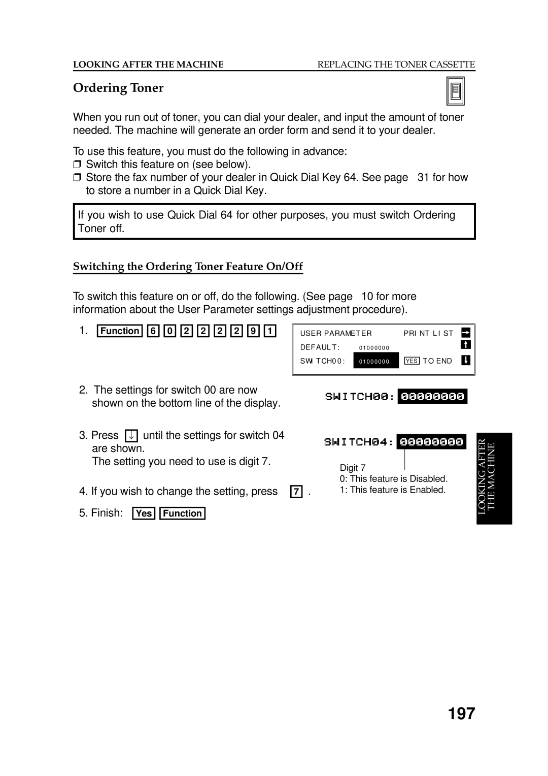 Ricoh FAX5600L manual 197, Switching the Ordering Toner Feature On/Off 