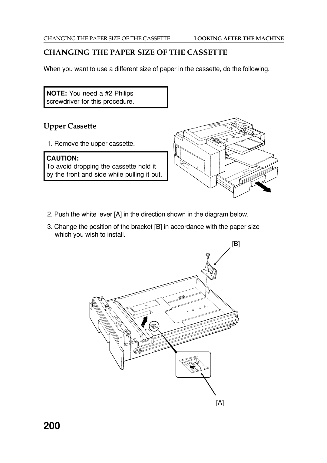 Ricoh FAX5600L manual 200, Changing the Paper Size of the Cassette, Upper Cassette 