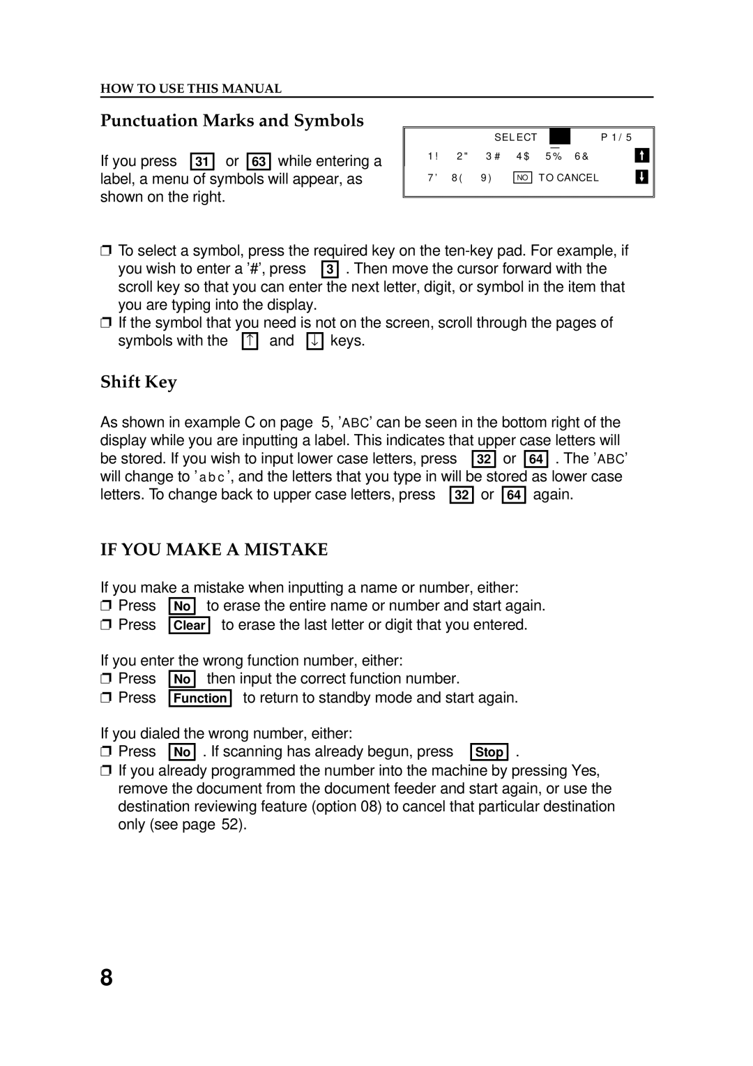 Ricoh FAX5600L manual Punctuation Marks and Symbols, Shift Key, If YOU Make a Mistake 