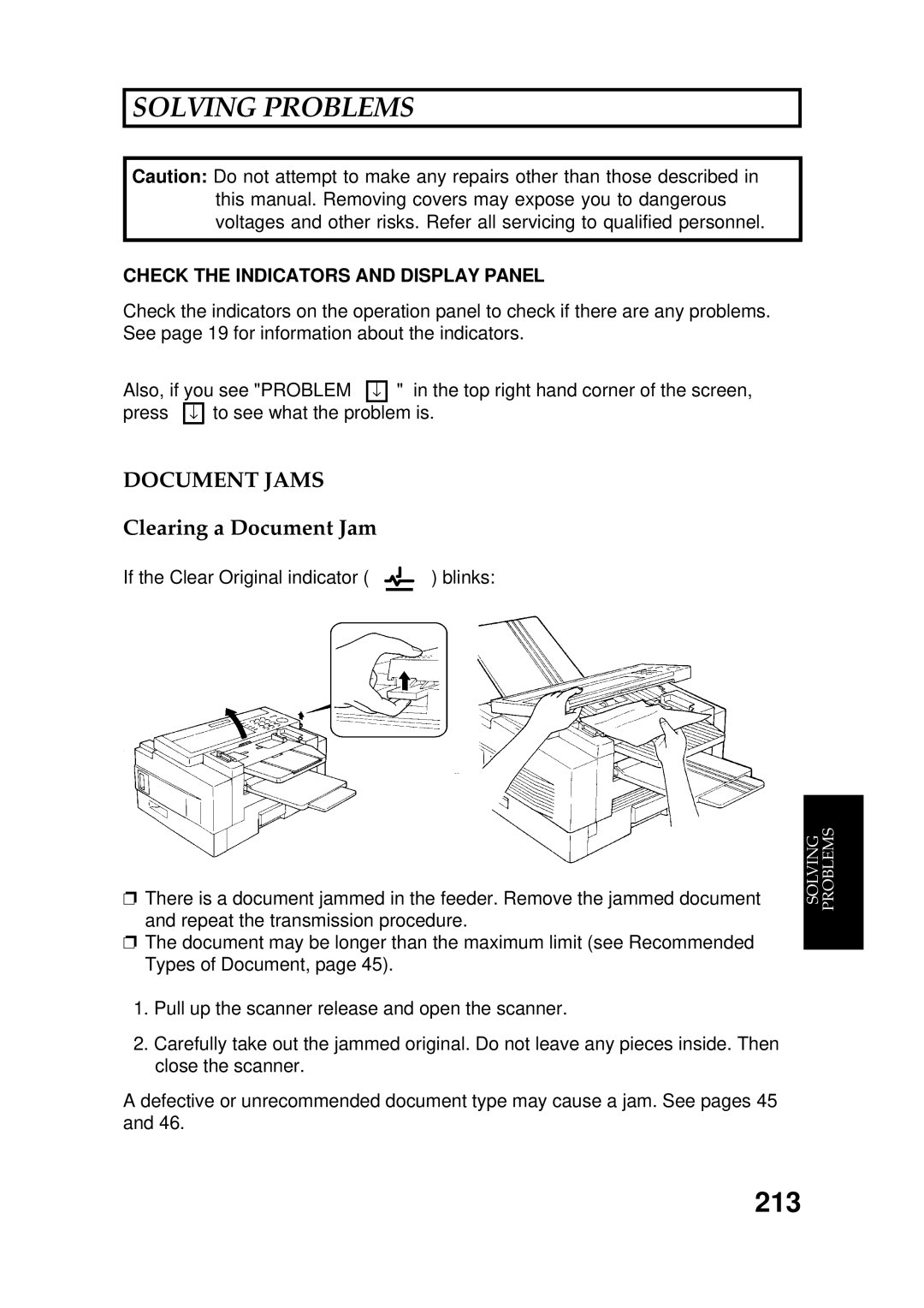 Ricoh FAX5600L manual 213, Document Jams, Clearing a Document Jam 