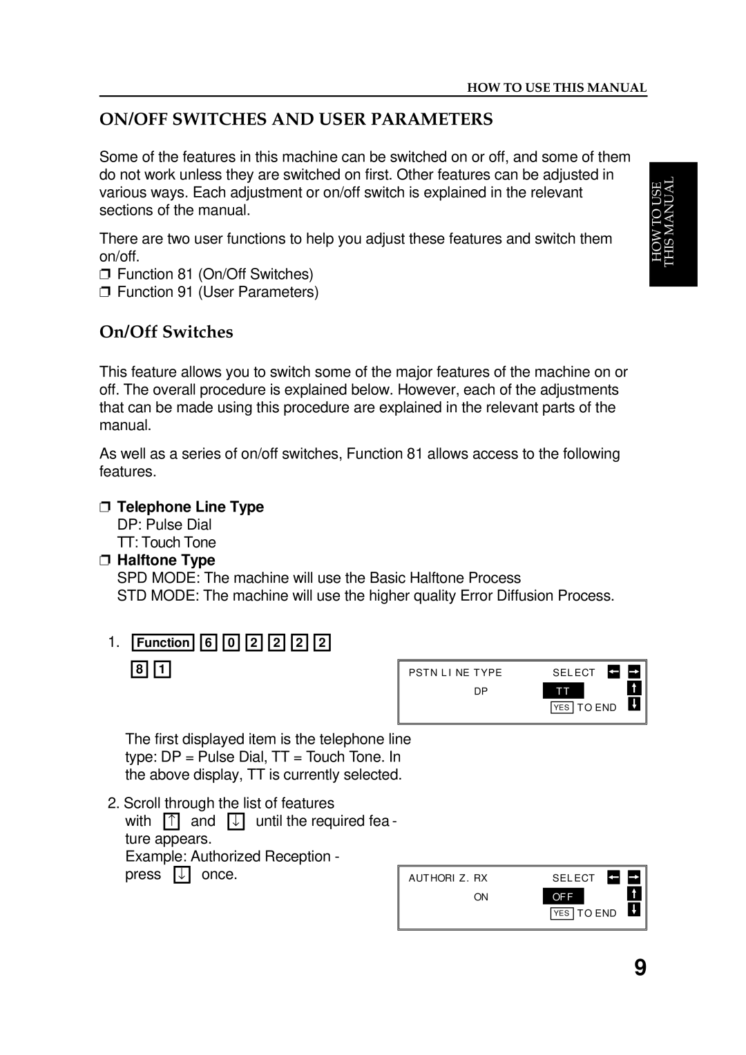 Ricoh FAX5600L manual ON/OFF Switches and User Parameters, On/Off Switches, Halftone Type 