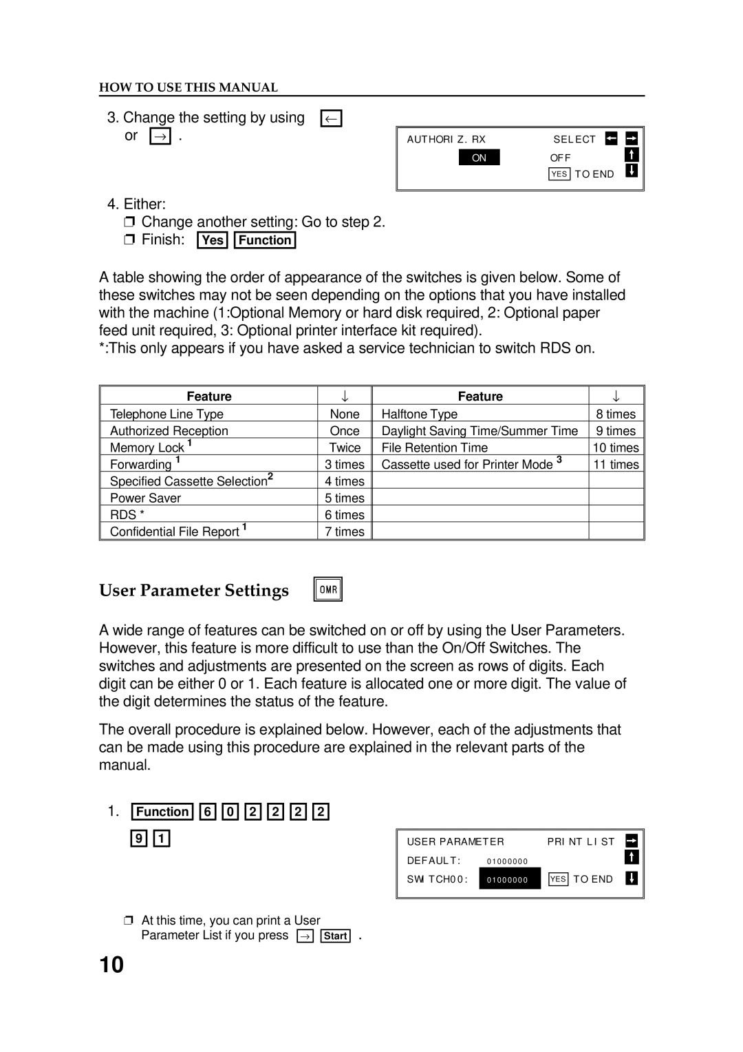 Ricoh FAX5600L manual User Parameter Settings, Change the setting by using or →, Either Change another setting Go to step 