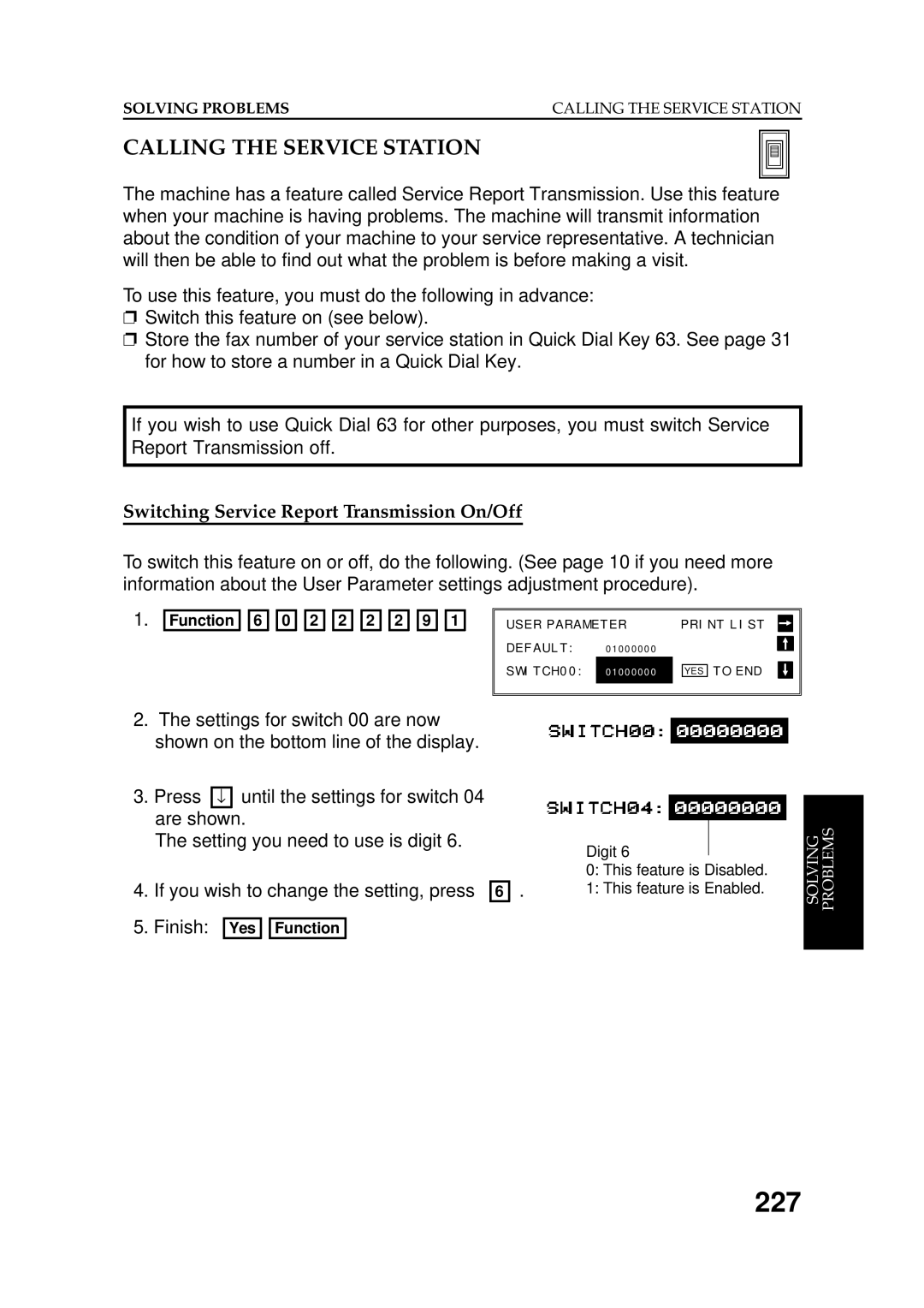 Ricoh FAX5600L manual 227, Calling the Service Station, Switching Service Report Transmission On/Off 