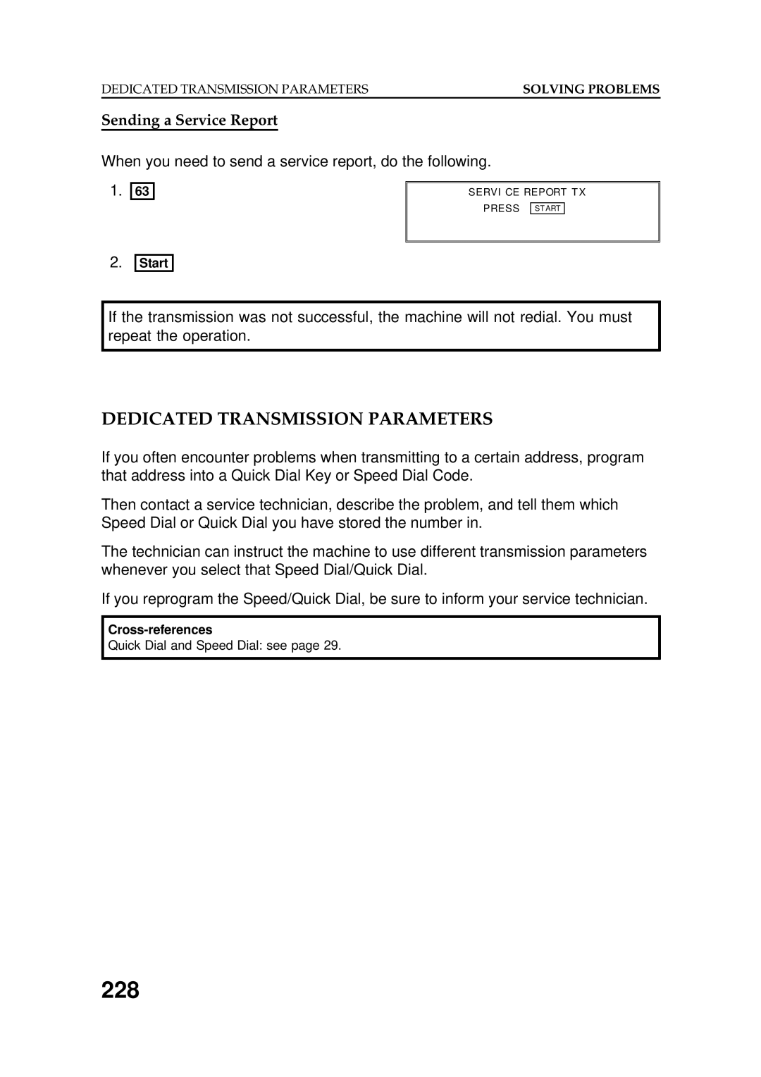 Ricoh FAX5600L manual 228, Dedicated Transmission Parameters, Sending a Service Report 