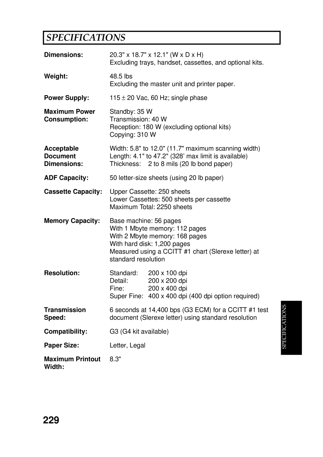 Ricoh FAX5600L manual 229, Memory Capacity 