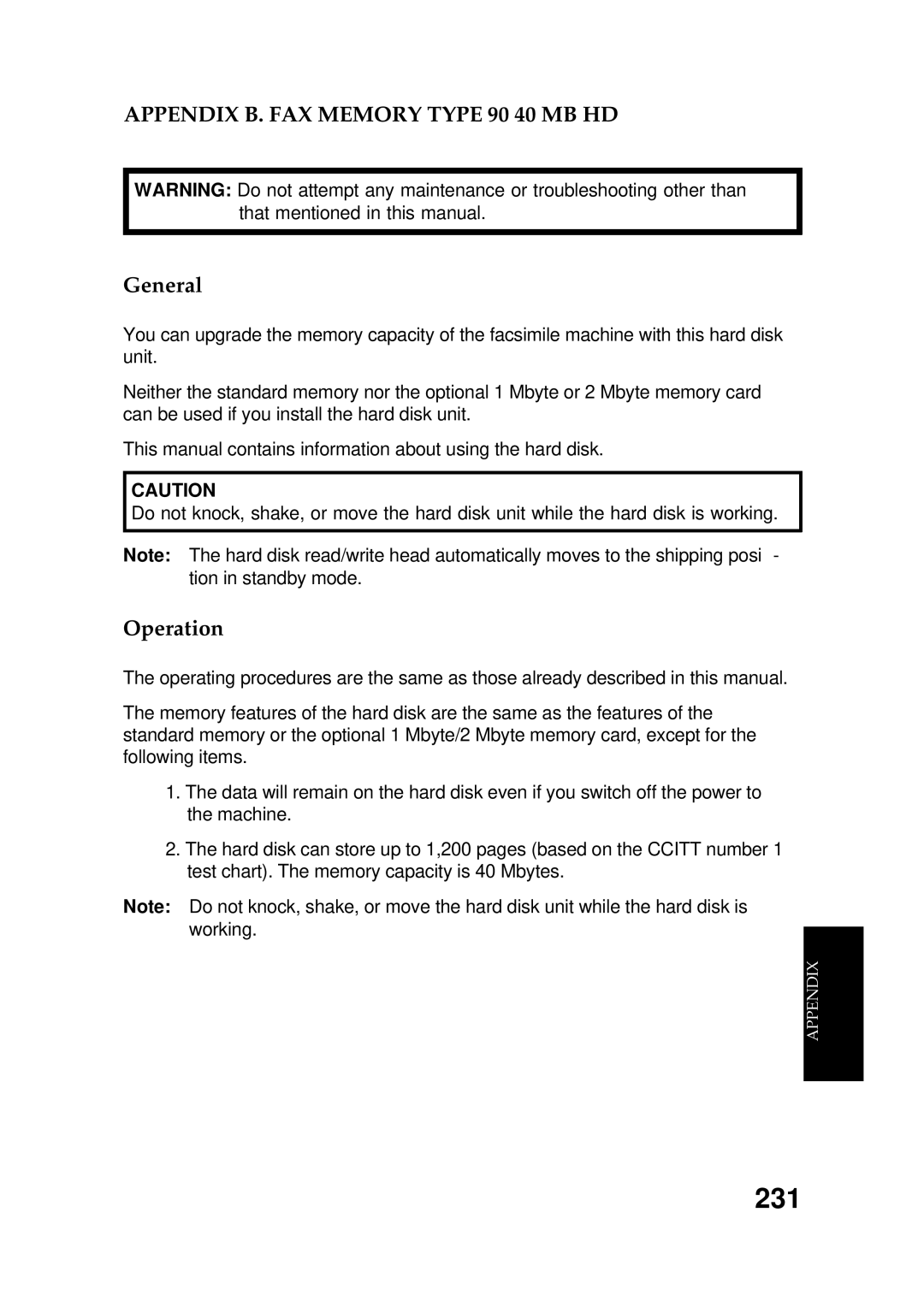 Ricoh FAX5600L manual 231, Appendix B. FAX Memory Type 90 40 MB HD, General 