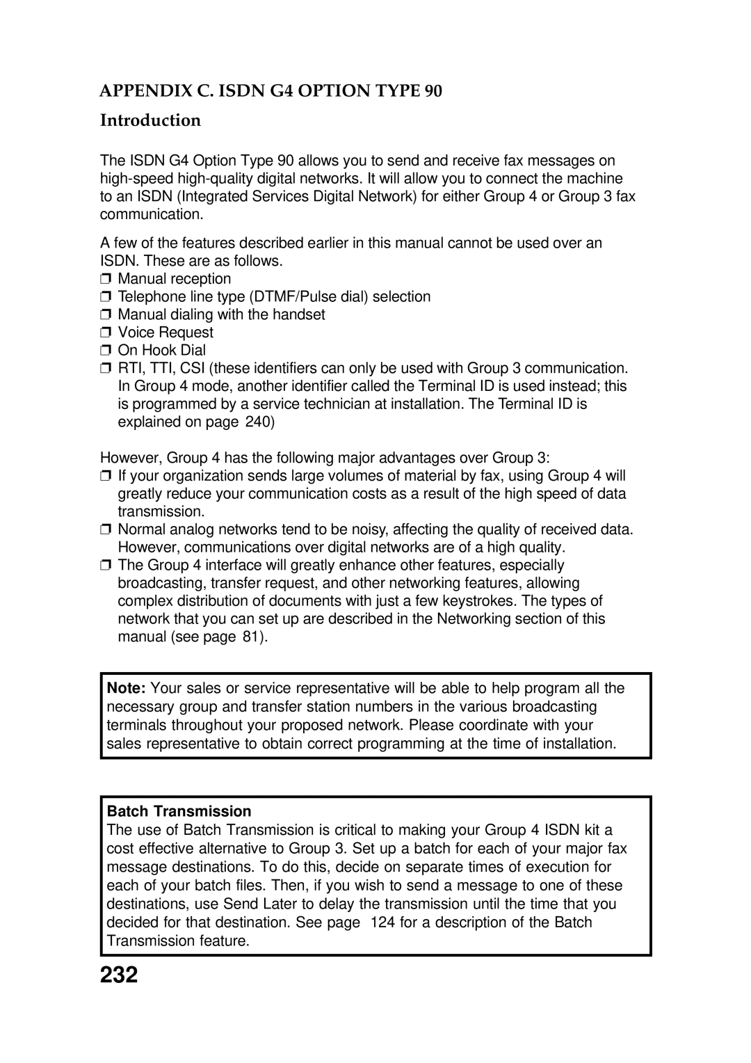 Ricoh FAX5600L manual 232, Appendix C. Isdn G4 Option Type, Introduction, Batch Transmission 